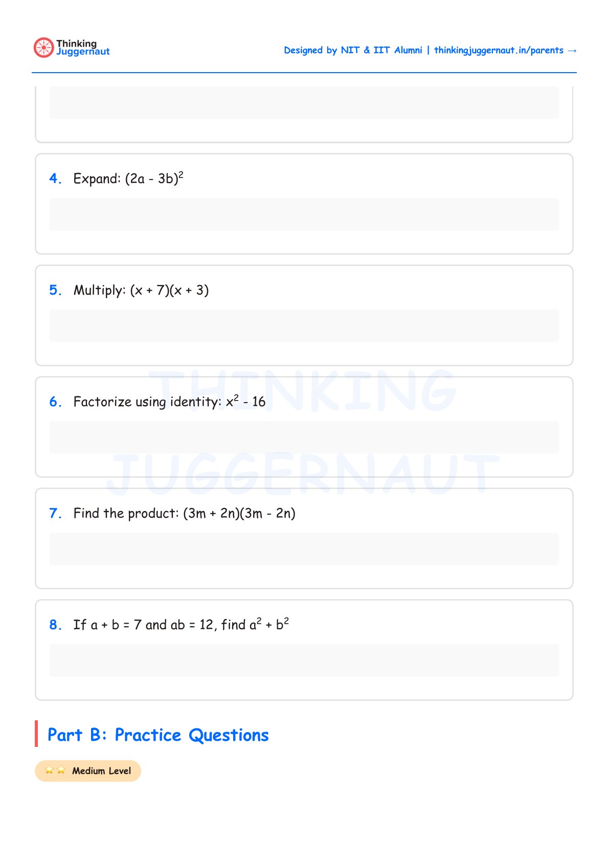 Worksheet section with algebraic expression problems including expanding, multiplying, factorizing, and finding products with variables a, b, m, n, and x.