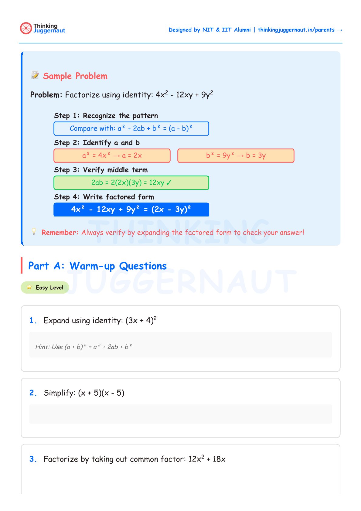 Algebra worksheet showing a sample problem on factorizing 4x squared minus 12xy plus 9y squared using the identity a squared minus 2ab plus b squared equals a minus b squared, followed by warm-up questions on expanding, simplifying, and factorizing expressions.
