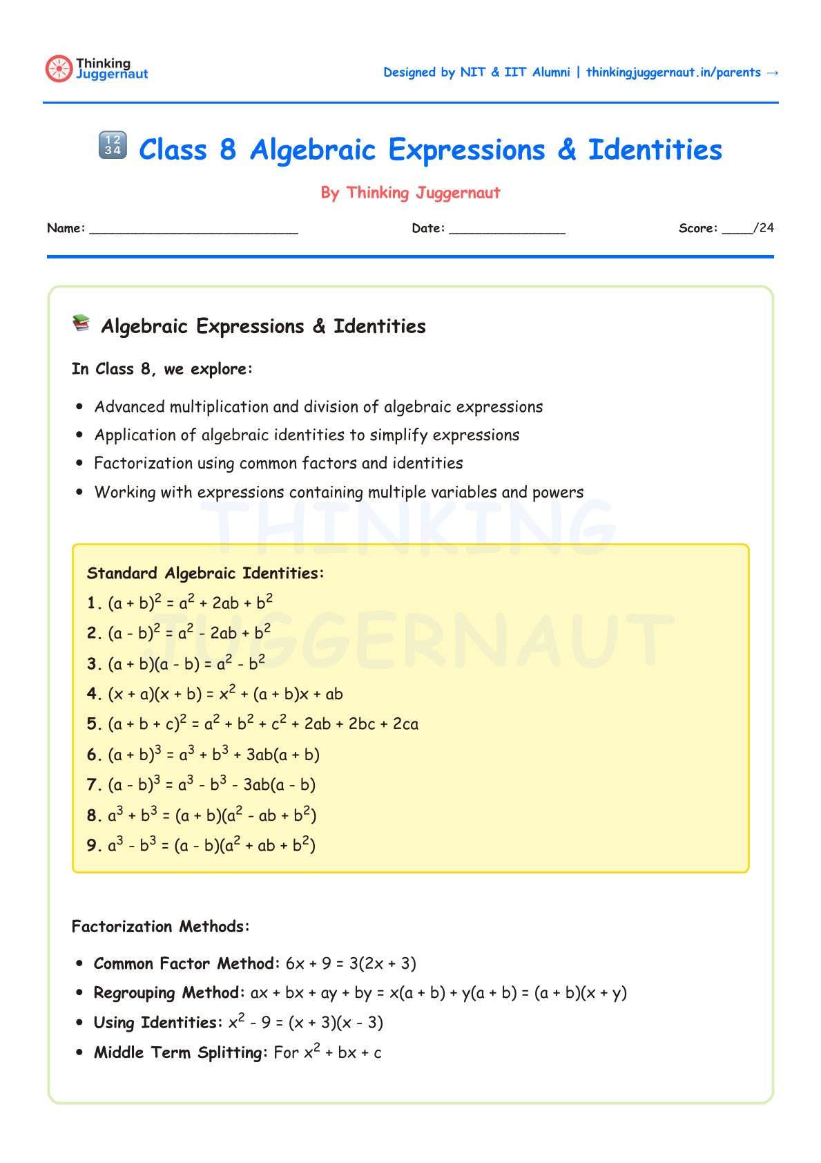 Class 8 Algebraic Expressions and Identities worksheet showing standard algebraic identities and factorization methods including common factor, regrouping, using identities, and middle term splitting.