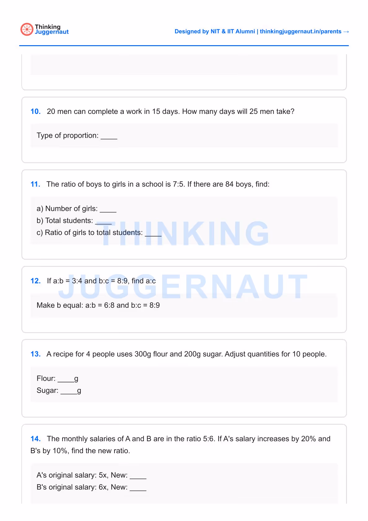Class 7 math worksheet with ratio and proportion problems numbered 10 to 14, including questions on work completion, ratios of boys to girls, finding equivalent ratios, adjusting recipe quantities, and salary ratio increases.