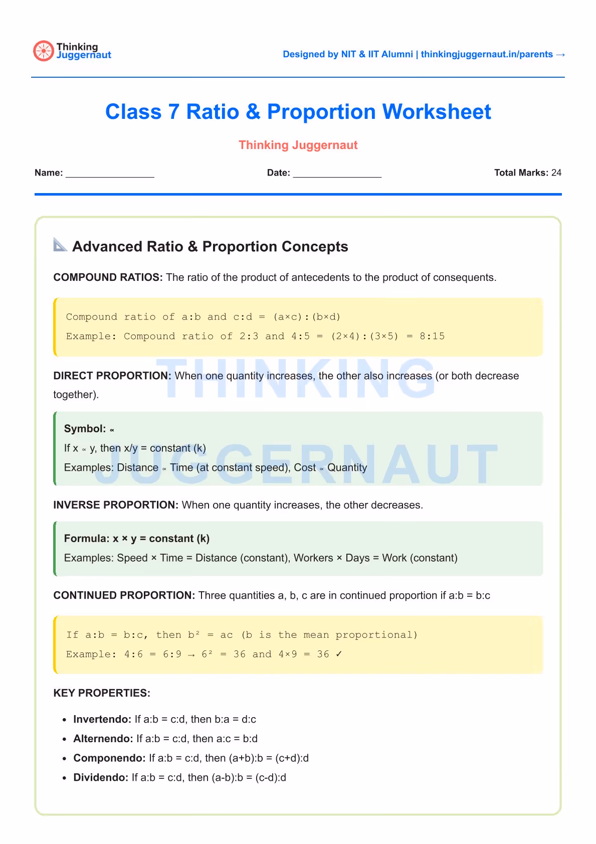 Class 7 Ratio and Proportion Worksheet explaining compound ratios, direct proportion, inverse proportion, continued proportion, and key properties with formulas and examples.