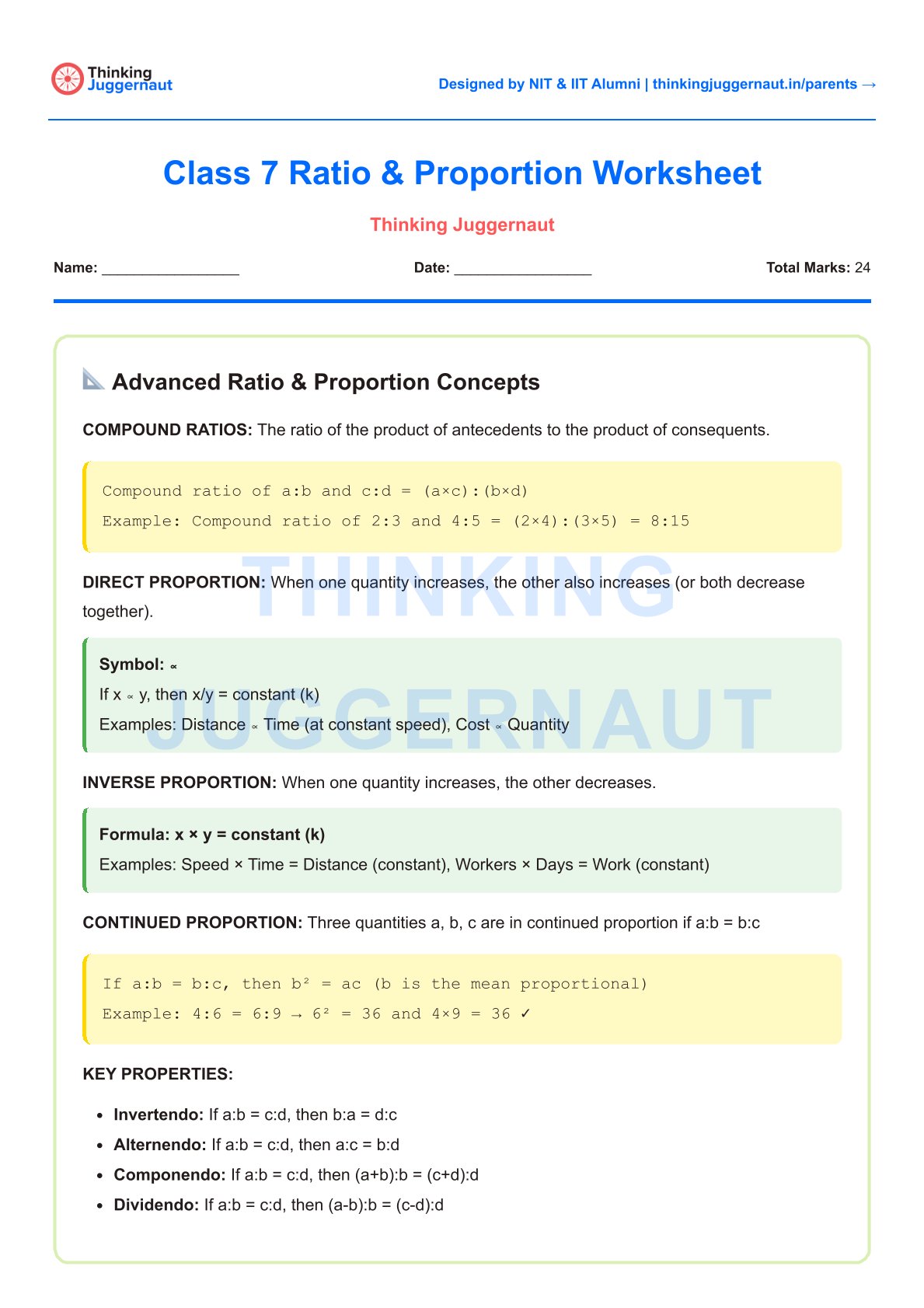 Class 7 Ratio and Proportion Worksheet explaining compound ratios, direct proportion, inverse proportion, continued proportion, and key properties with formulas and examples.