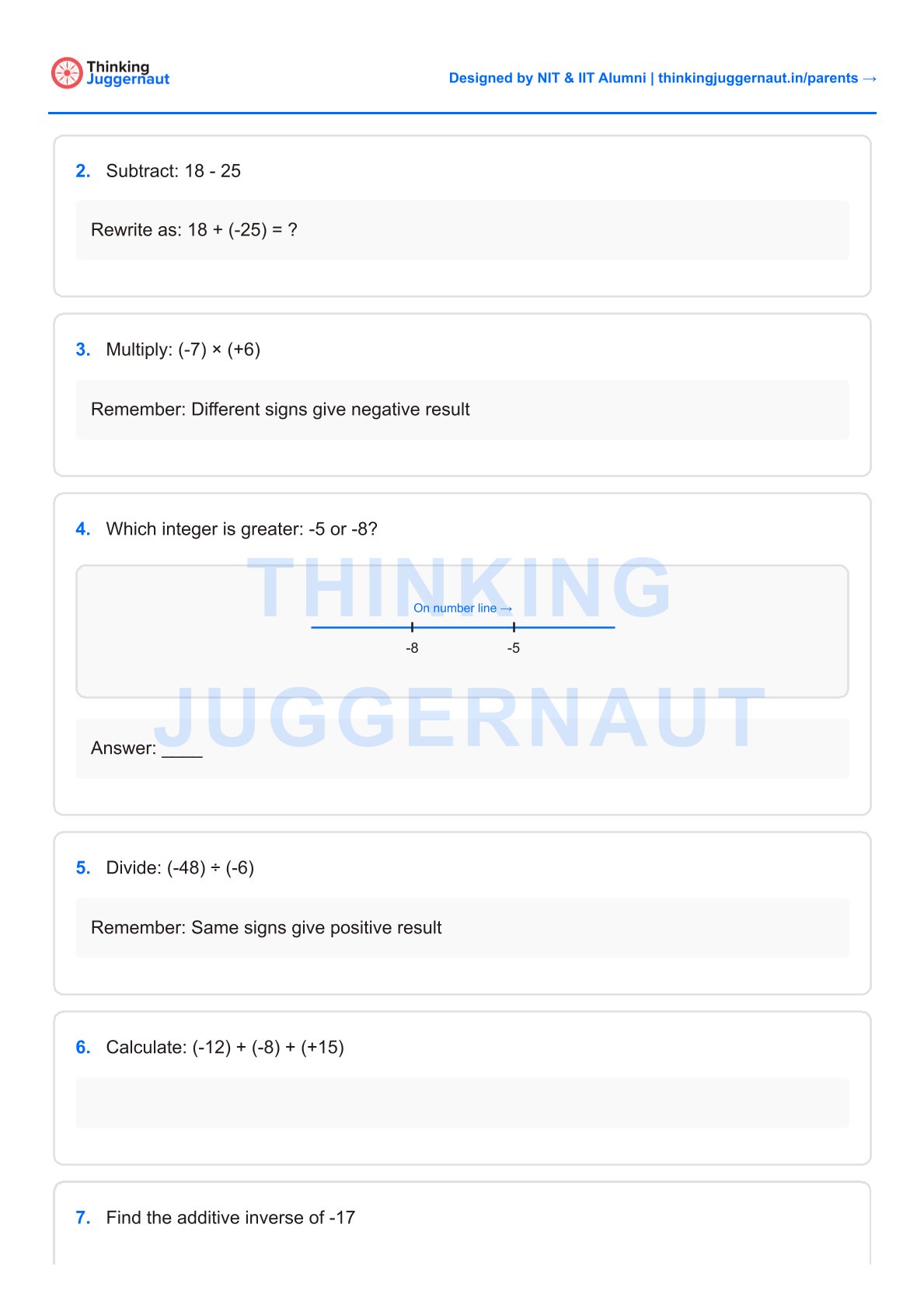 Math worksheet with integer problems including subtraction, multiplication, comparison using a number line, division, addition, and finding additive inverse.