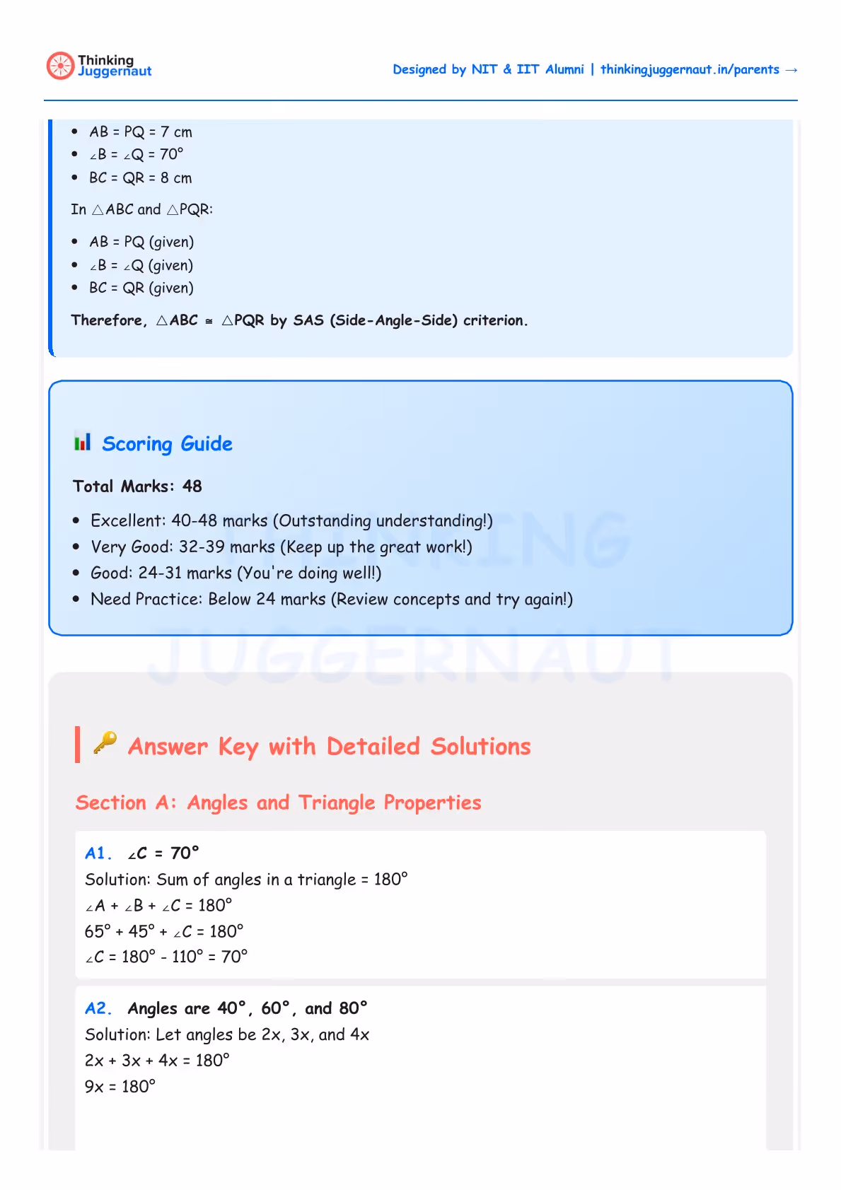 Geometry worksheet showing triangle congruence proof using SAS criterion, scoring guide with total marks 48, and answer key with detailed solutions about angles and triangle properties.