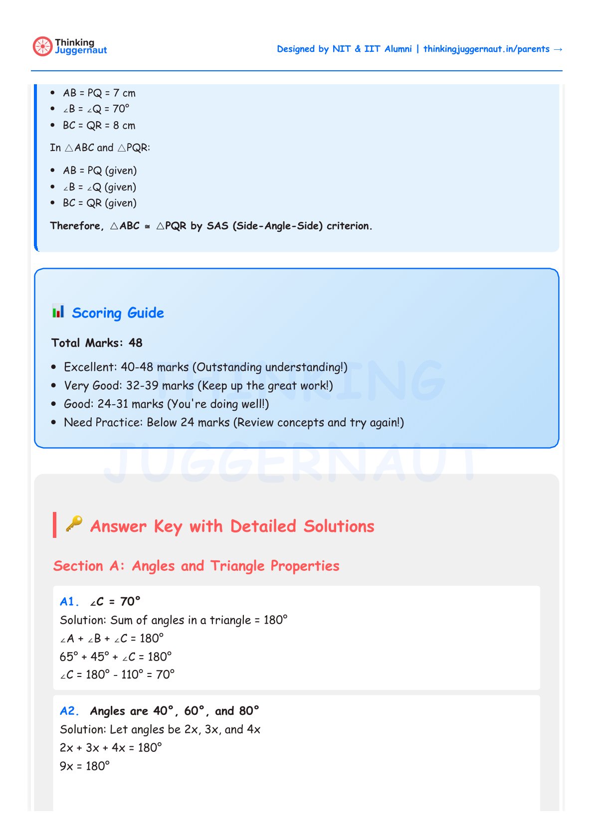 Geometry worksheet showing triangle congruence proof using SAS criterion, scoring guide with total marks 48, and answer key with detailed solutions about angles and triangle properties.