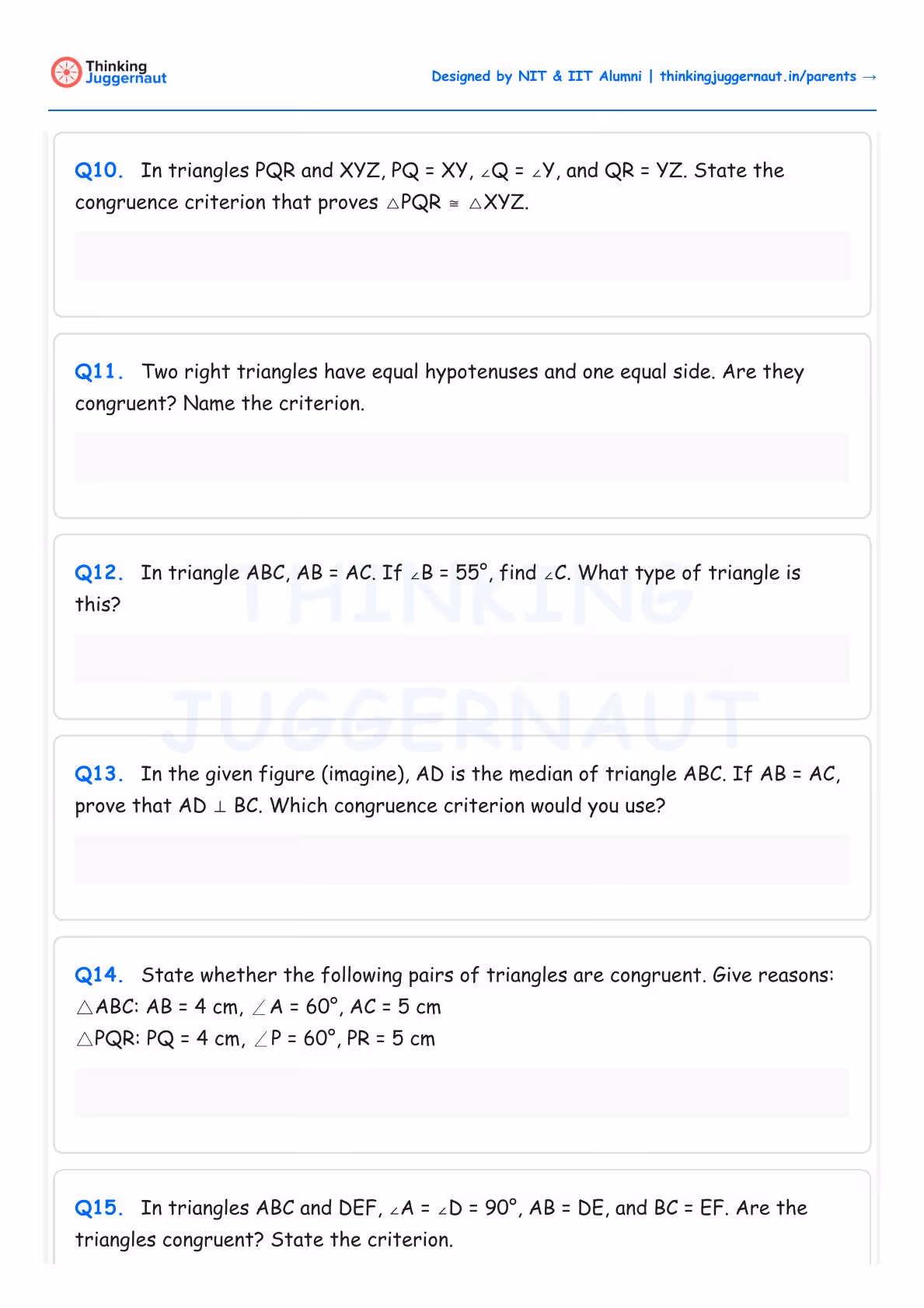 Class 7 geometry worksheet with questions about triangle congruence criteria, angles, and sides.