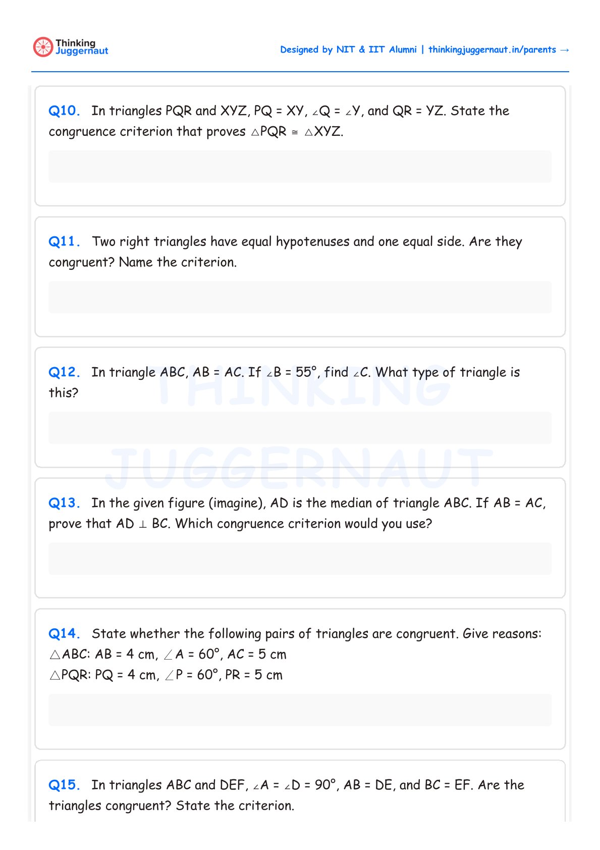 Class 7 geometry worksheet with questions about triangle congruence criteria, angles, and sides.