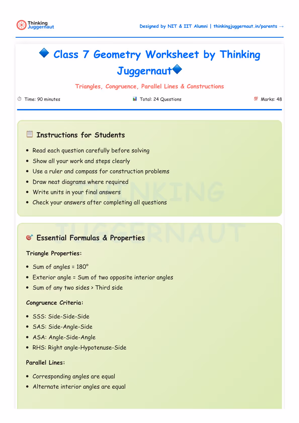 Class 7 Geometry Worksheet by Thinking Juggernaut showing instructions for students and essential formulas for triangles, congruence criteria, and parallel lines.