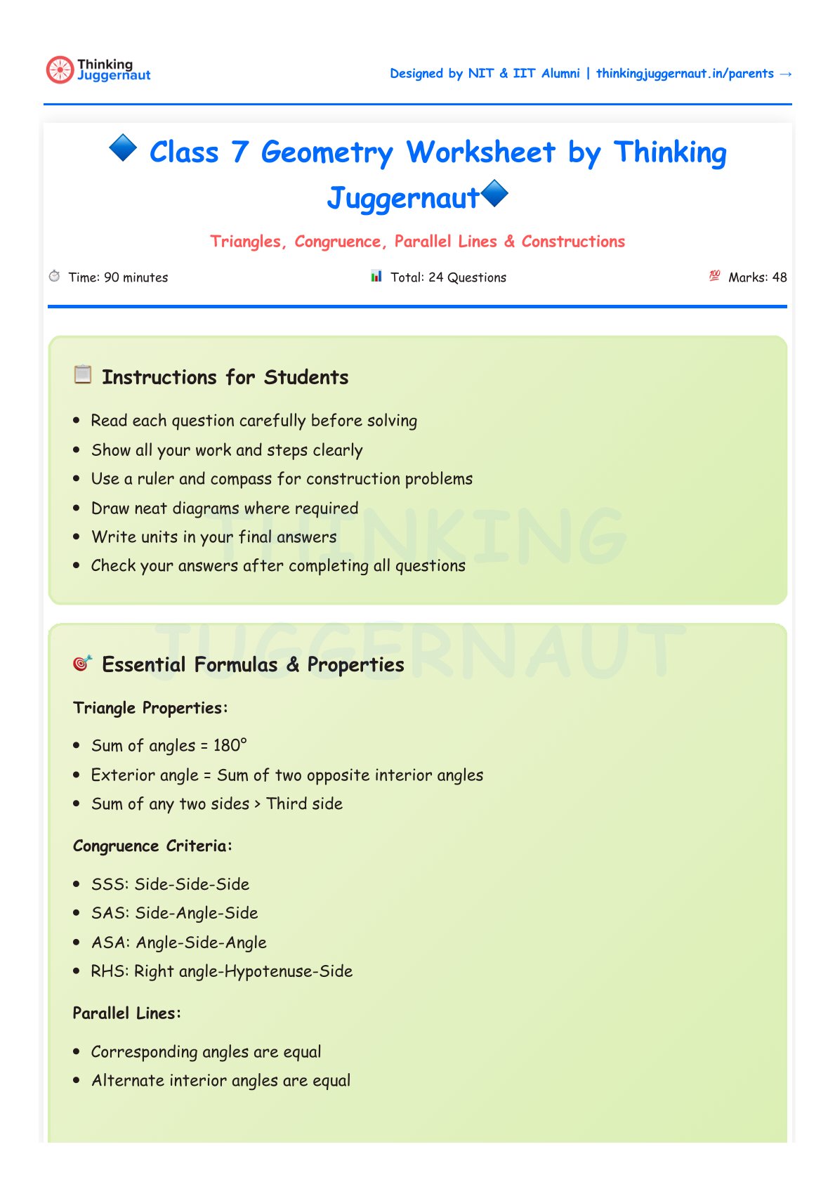 Class 7 Geometry Worksheet by Thinking Juggernaut showing instructions for students and essential formulas for triangles, congruence criteria, and parallel lines.