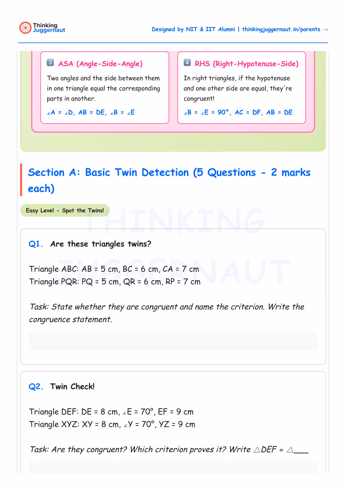Geometry worksheet section on Basic Twin Detection with definitions of ASA and RHS triangle congruence followed by two questions asking if given triangles with side lengths and angles are congruent using congruence criteria.