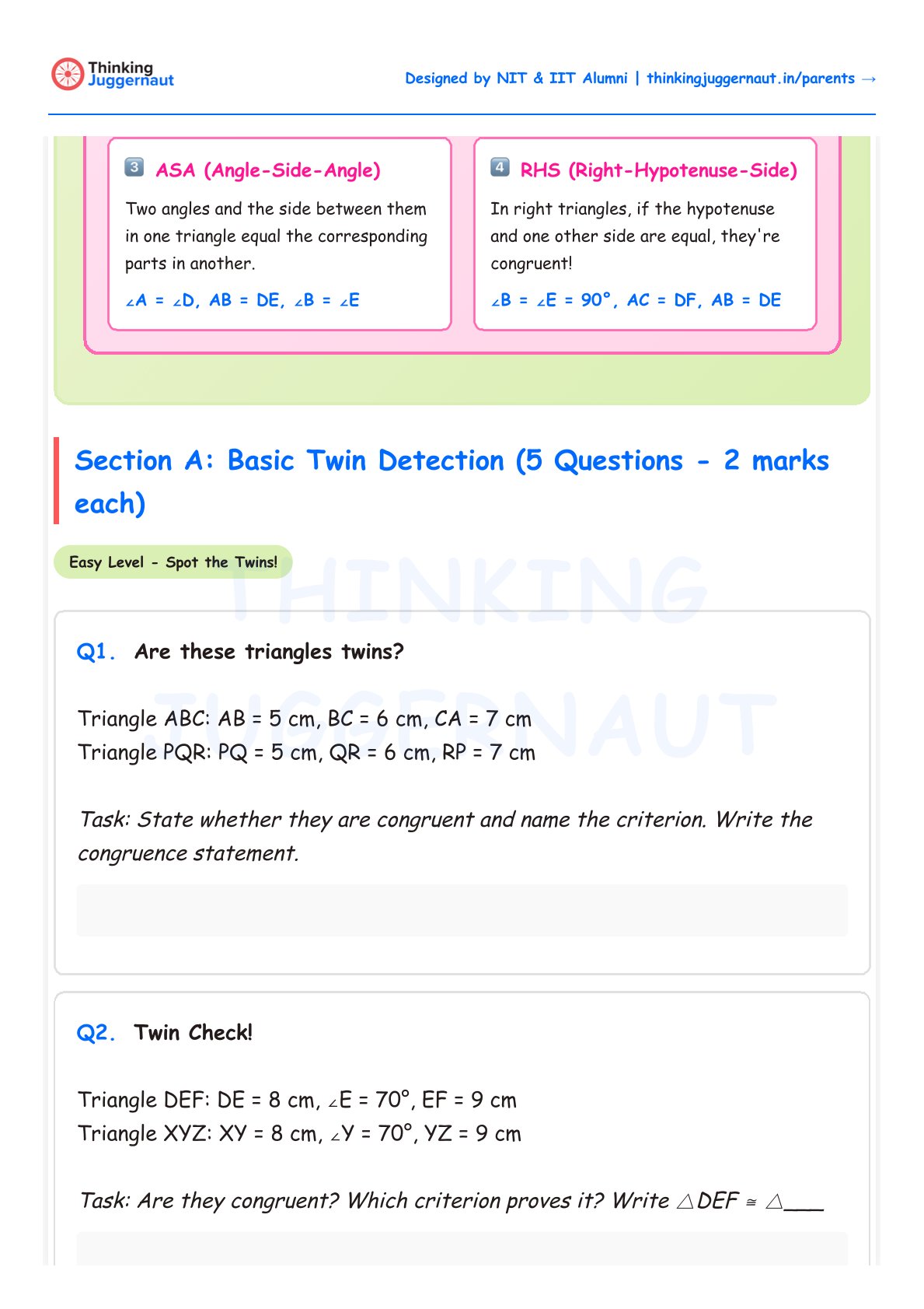 Geometry worksheet section on Basic Twin Detection with definitions of ASA and RHS triangle congruence followed by two questions asking if given triangles with side lengths and angles are congruent using congruence criteria.