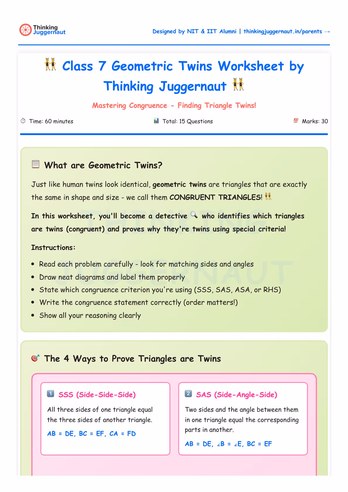 Class 7 worksheet titled 'Geometric Twins Worksheet by Thinking Juggernaut' explaining geometric twins as congruent triangles and listing instructions and two ways to prove triangles are twins: SSS (Side-Side-Side) and SAS (Side-Angle-Side) criteria.