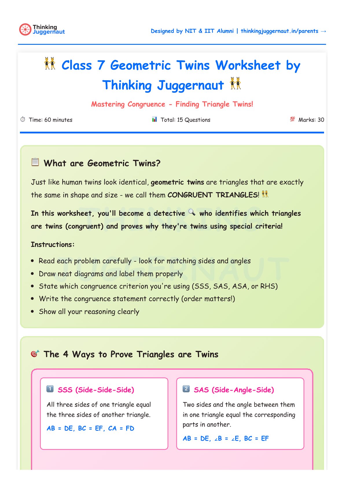 Class 7 worksheet titled 'Geometric Twins Worksheet by Thinking Juggernaut' explaining geometric twins as congruent triangles and listing instructions and two ways to prove triangles are twins: SSS (Side-Side-Side) and SAS (Side-Angle-Side) criteria.