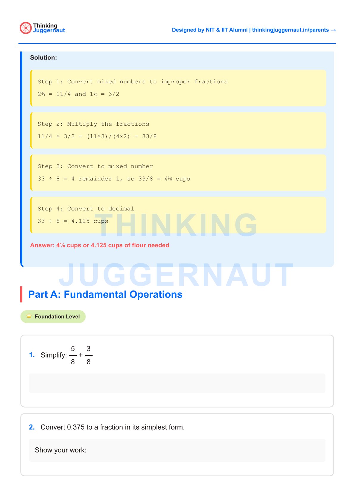 Math worksheet showing a solution for converting and multiplying mixed numbers and fractions, followed by two exercises: simplifying 5/8 + 3/8 and converting 0.375 to a fraction.