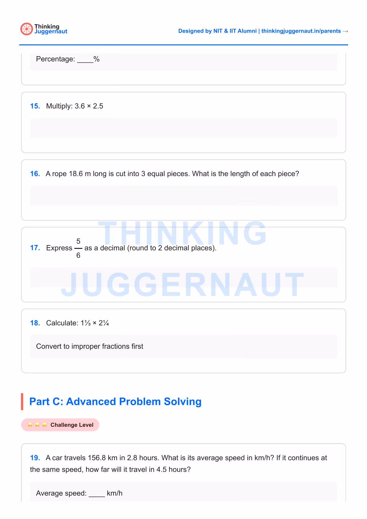 Math worksheet with problems on multiplication, dividing a rope into equal pieces, decimal conversion of a fraction, multiplying mixed fractions, and calculating average speed for advanced problem solving.