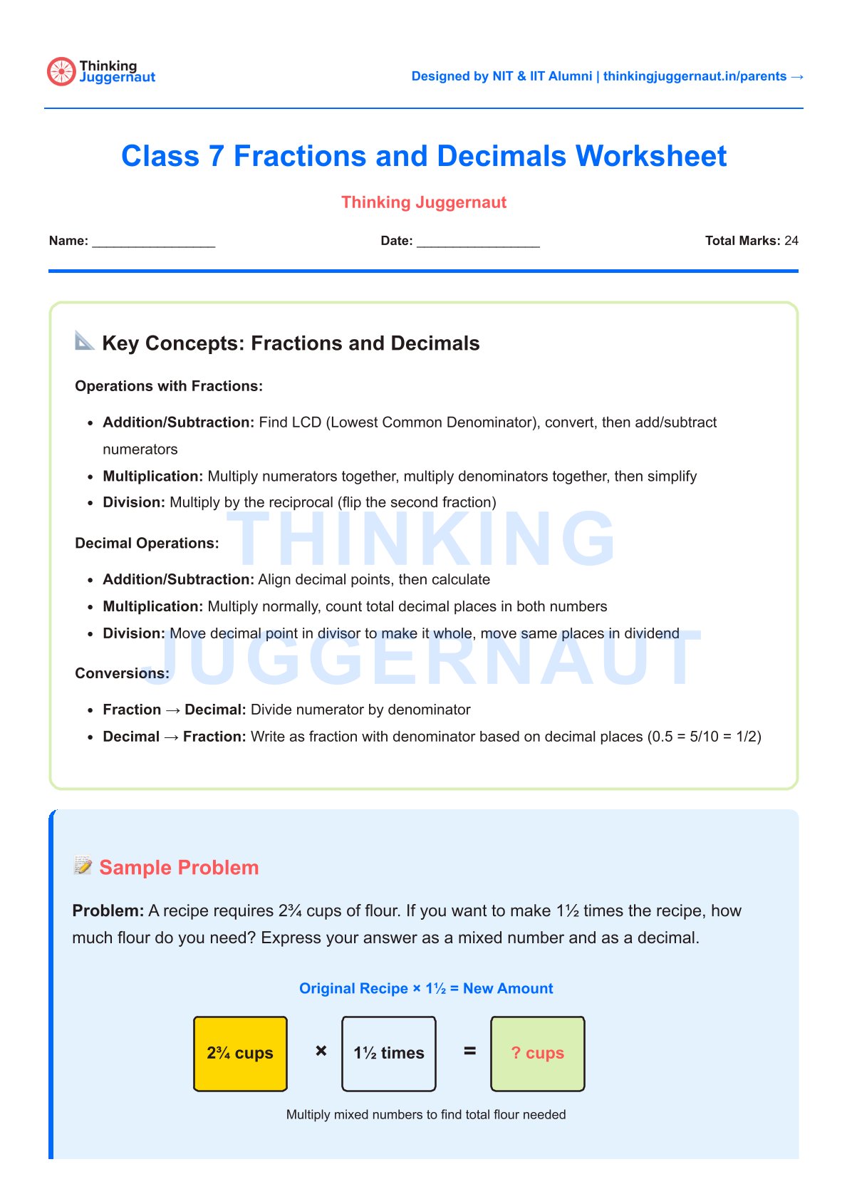 Class 7 Fractions and Decimals Worksheet showing key concepts of operations with fractions and decimals, conversions between fraction and decimal, and a sample problem involving multiplication of mixed numbers.