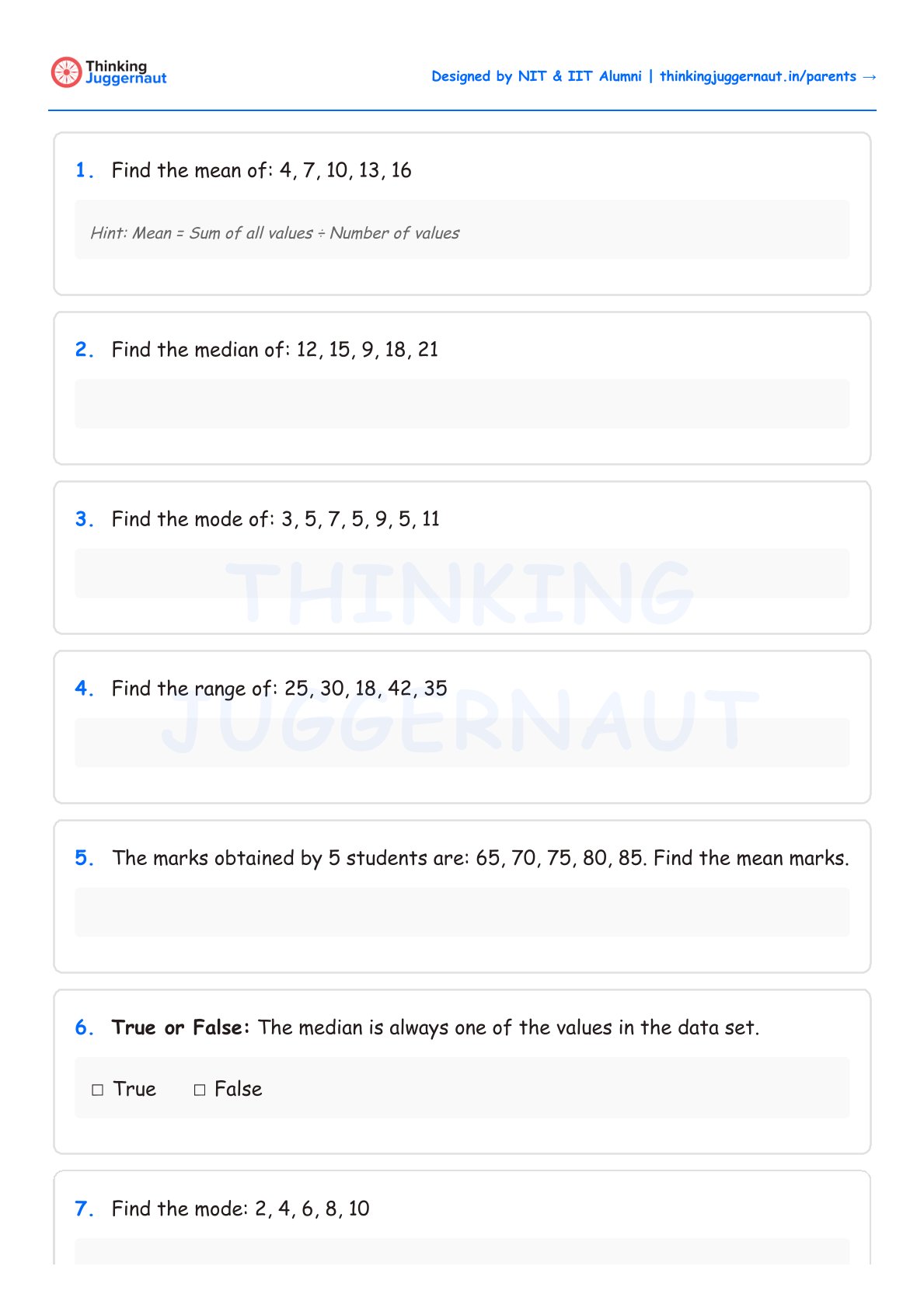 Class 7 math worksheet with questions on finding mean, median, mode, range, and a true or false question about median.