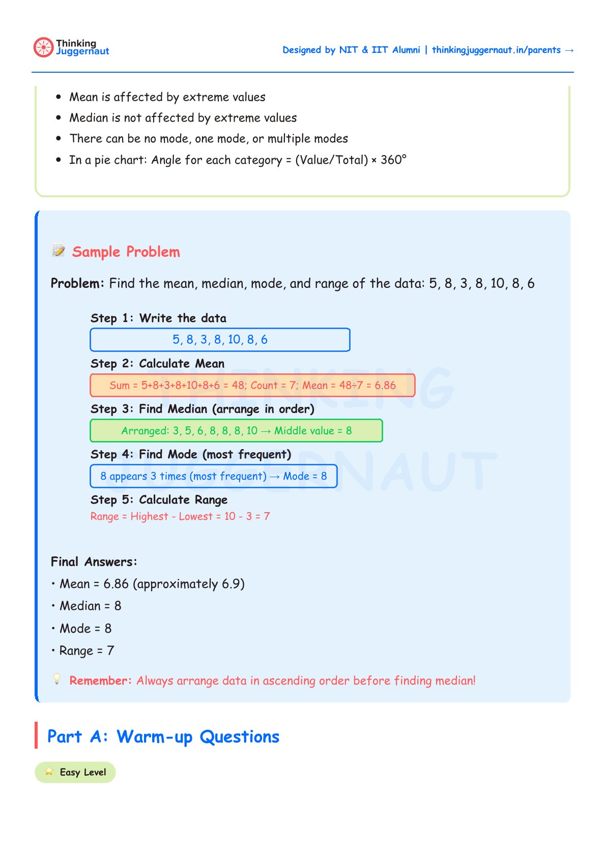 Class 7 math worksheet explaining how to find mean, median, mode, and range with a sample problem using data 5,8,3,8,10,8,6, showing step-by-step calculations and final answers.
