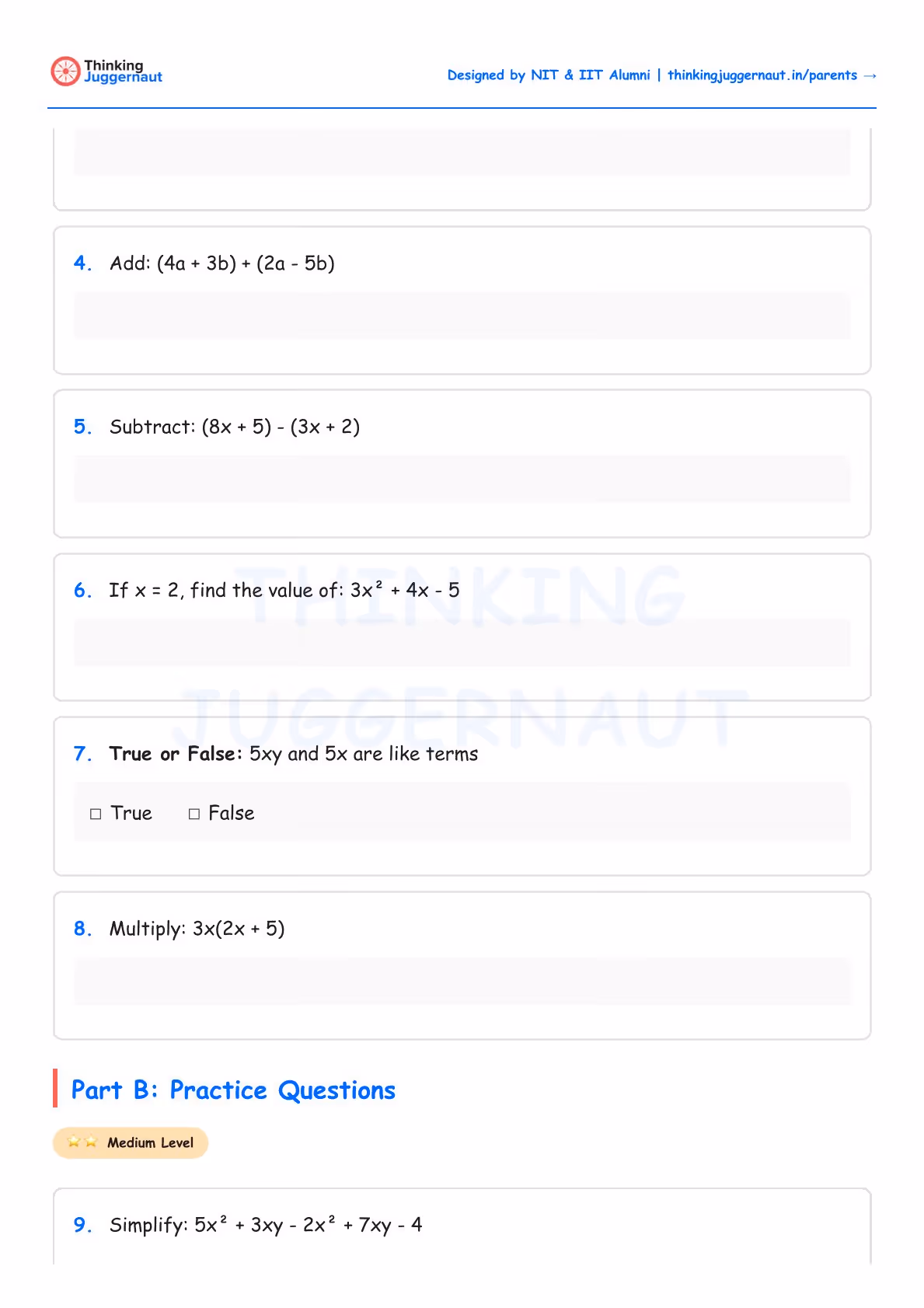 Class 7 worksheet on algebraic expressions with questions on adding, subtracting, evaluating, true or false, and multiplying algebraic expressions.