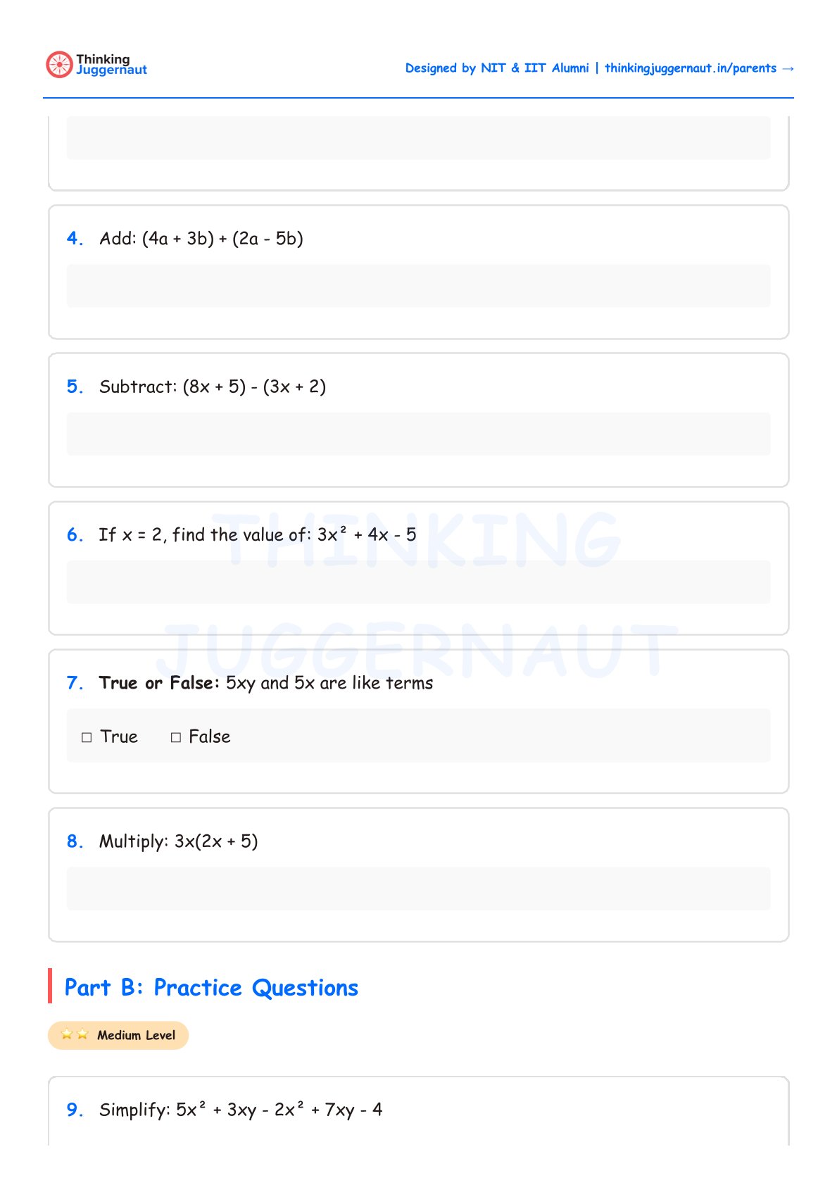 Class 7 worksheet on algebraic expressions with questions on adding, subtracting, evaluating, true or false, and multiplying algebraic expressions.