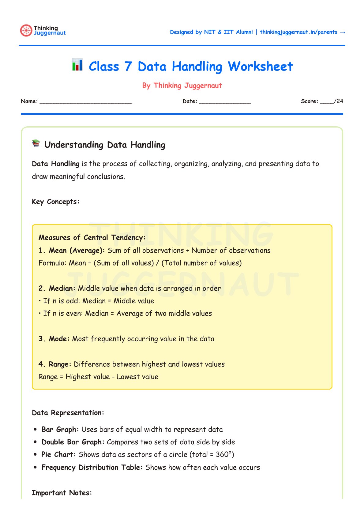 Class 7 Data Handling Worksheet explaining key concepts including mean, median, mode, range, and types of data representation like bar graph and pie chart.