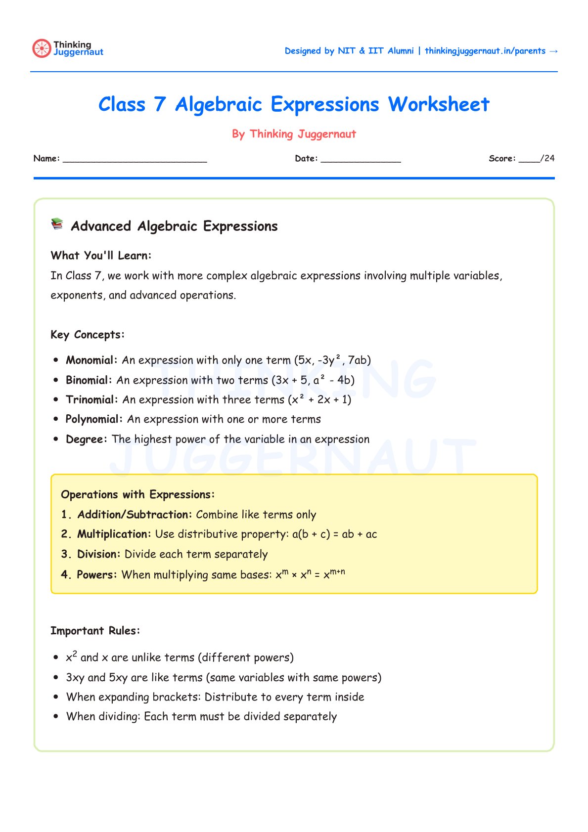 Class 7 Algebraic Expressions Worksheet by Thinking Juggernaut explaining key concepts like monomial, binomial, trinomial, polynomial, and degree, with rules on operations including addition, multiplication, division, and powers.