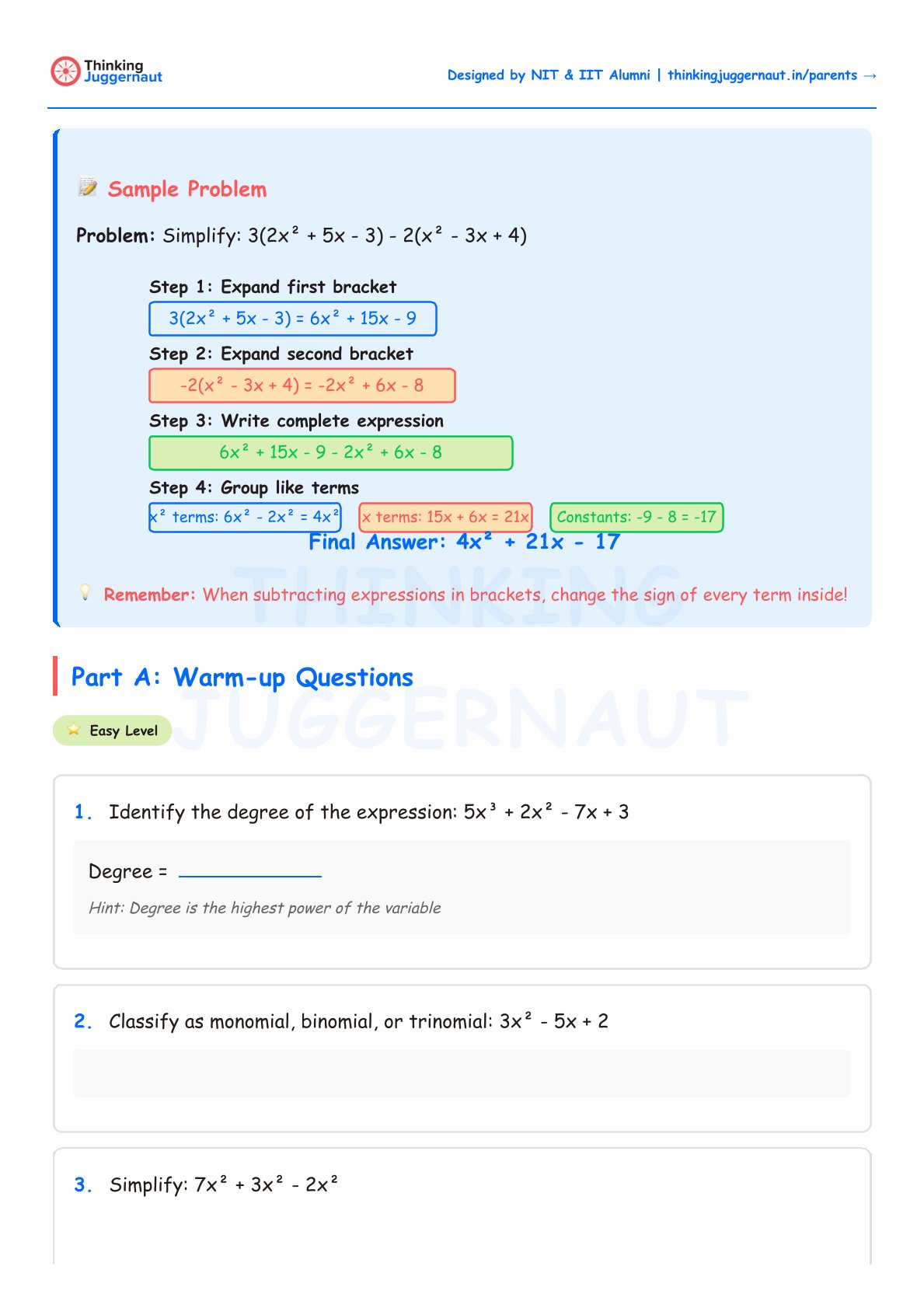 Algebra worksheet showing a sample problem simplifying 3(2x^2 + 5x - 3) - 2(x^2 - 3x + 4) with step-by-step expansion and grouping, followed by three warm-up questions on polynomial degrees, classification, and simplification.