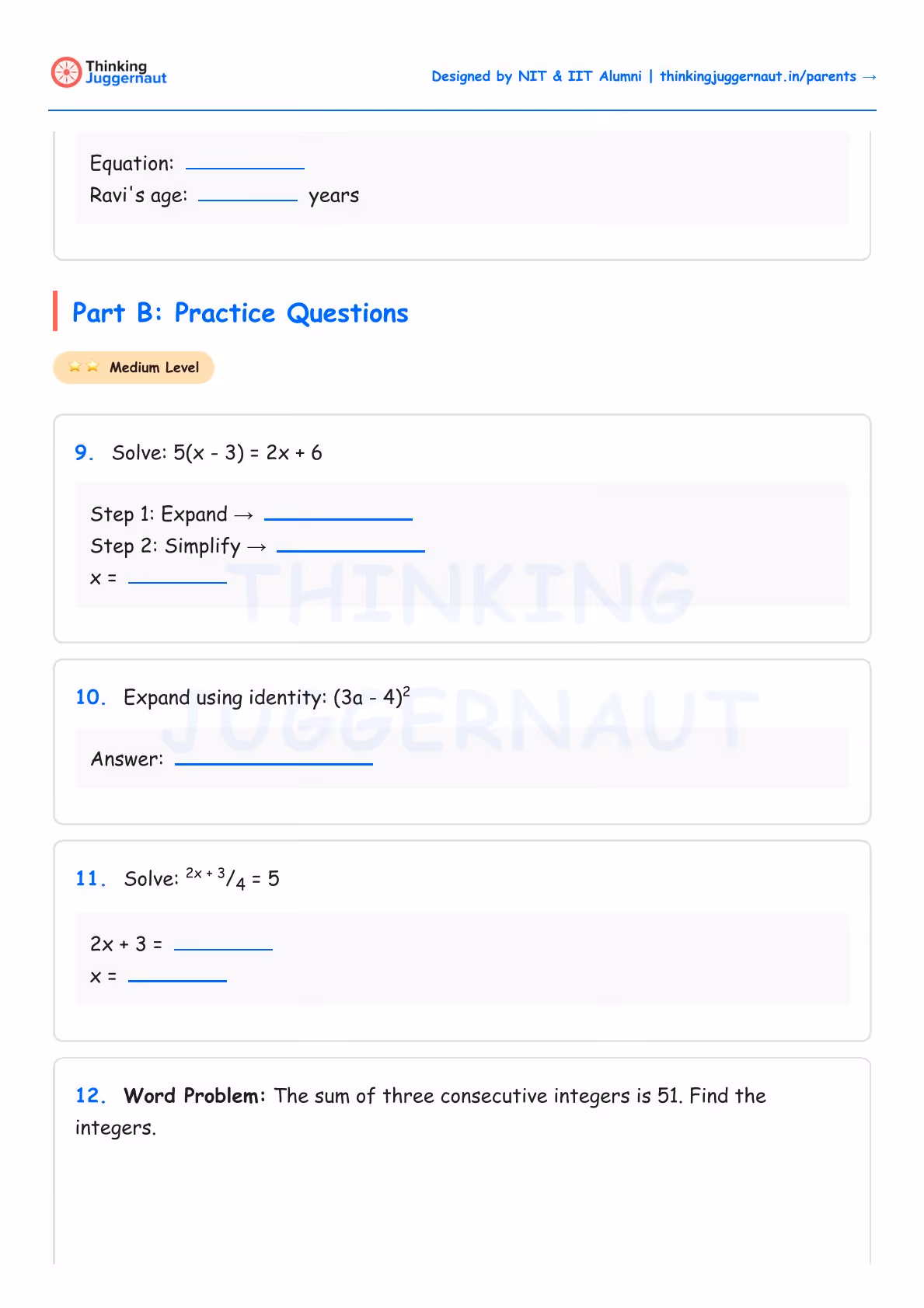 Class 7 Algebra worksheet featuring medium-level practice questions including solving equations, expanding expressions, and a word problem about three consecutive integers summing to 51.