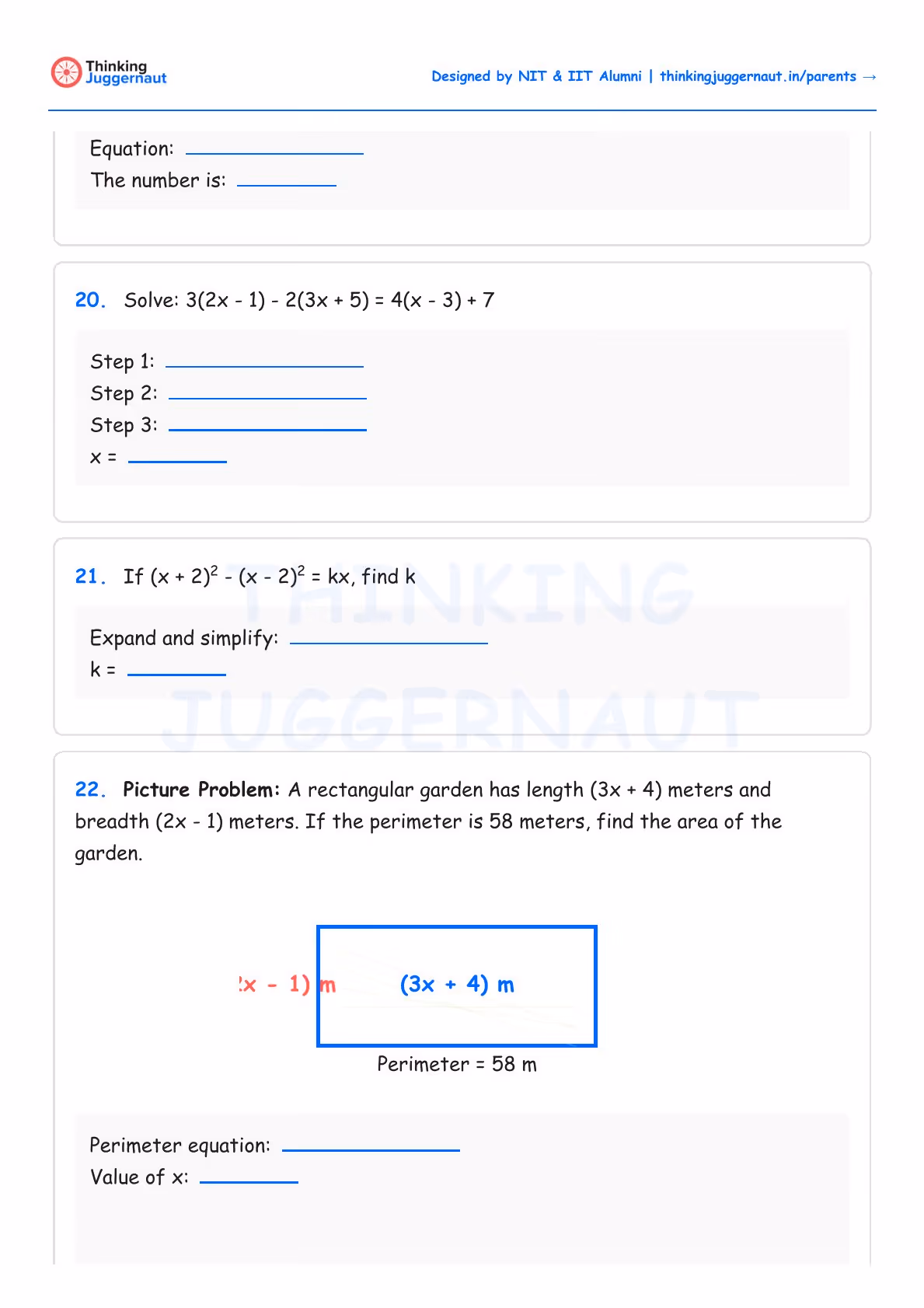 Grade 7 algebra worksheet with problems on solving linear equations, finding k in an equation, and a rectangular garden perimeter and area problem with a labeled rectangle diagram.