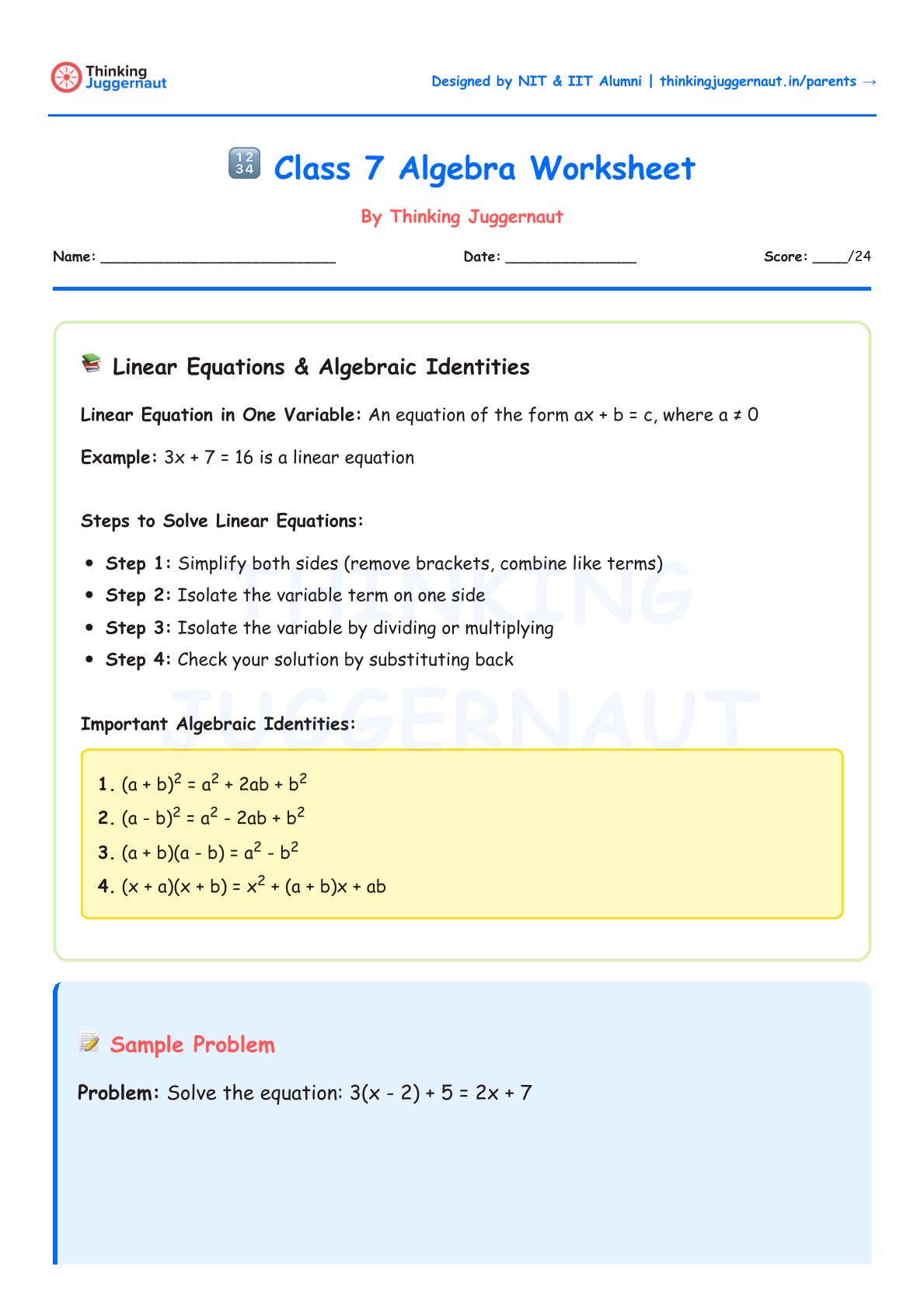 Class 7 Algebra worksheet covering linear equations and algebraic identities with steps to solve linear equations and a sample problem to solve 3(x - 2) + 5 = 2x + 7.