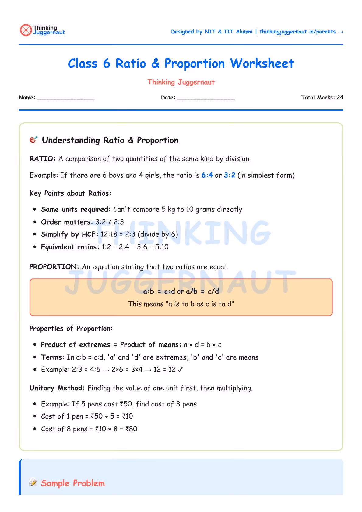 Class 6 Ratio and Proportion worksheet explaining understanding of ratio and proportion with key points, properties, and unitary method including examples.