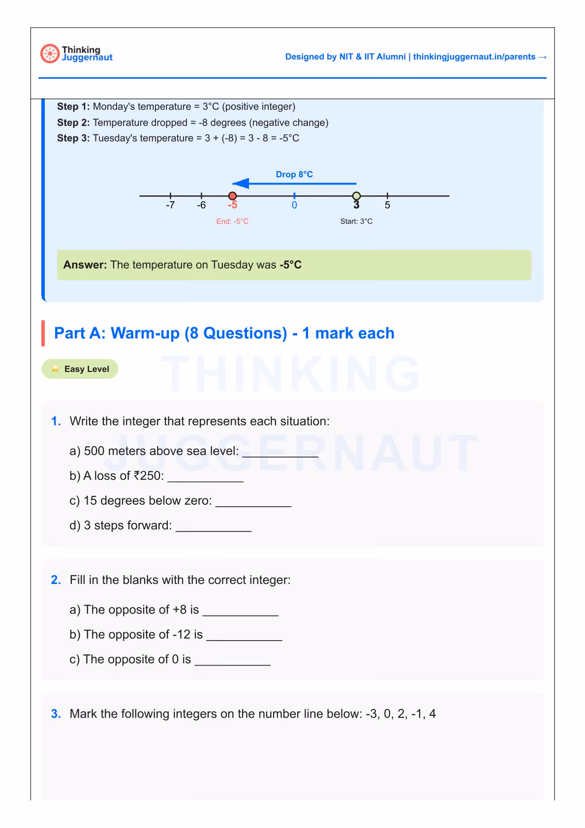 Worksheet explaining integer subtraction with temperature example and warm-up questions on integers, including filling blanks and marking numbers on a number line.