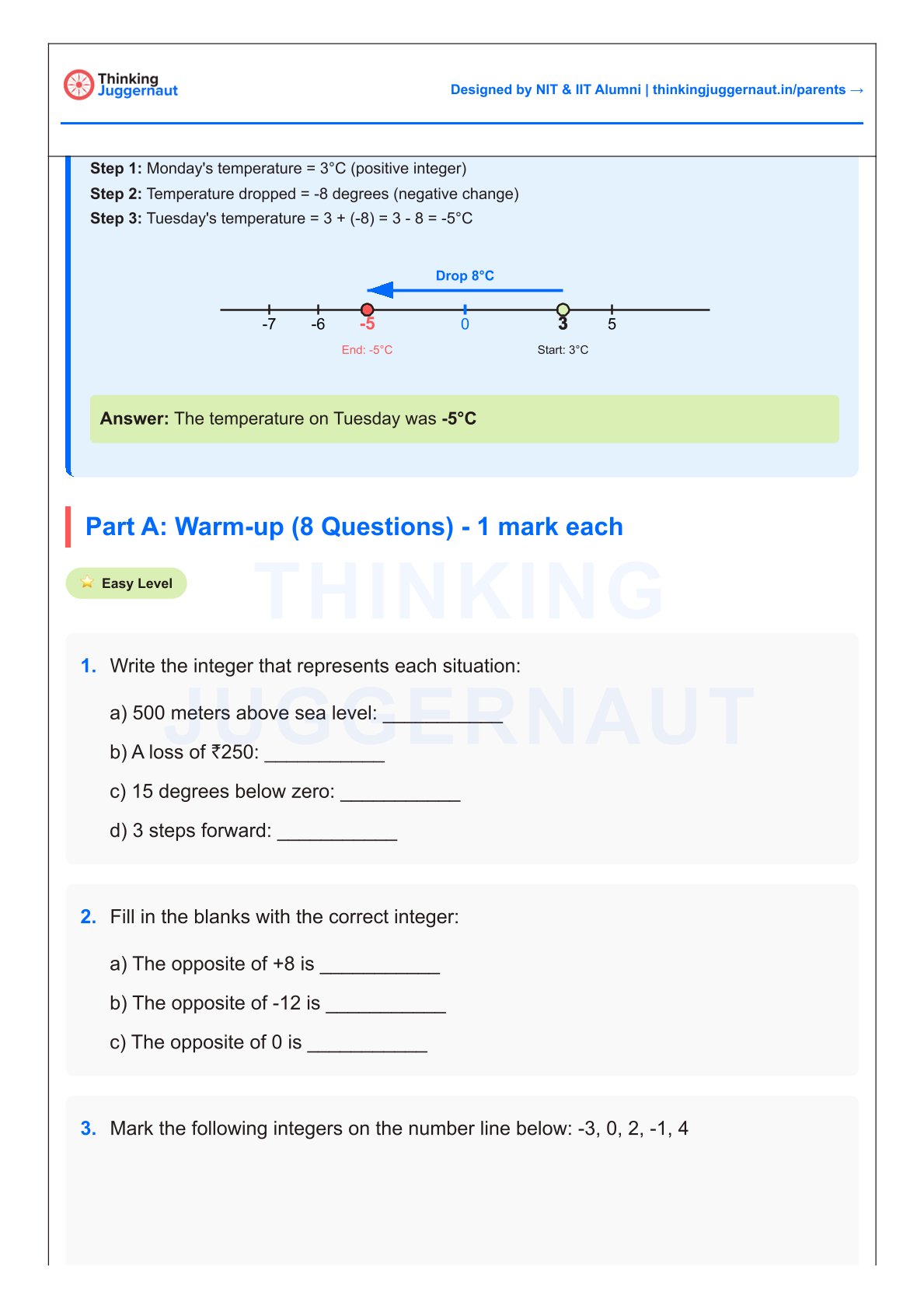 Worksheet explaining integer subtraction with temperature example and warm-up questions on integers, including filling blanks and marking numbers on a number line.