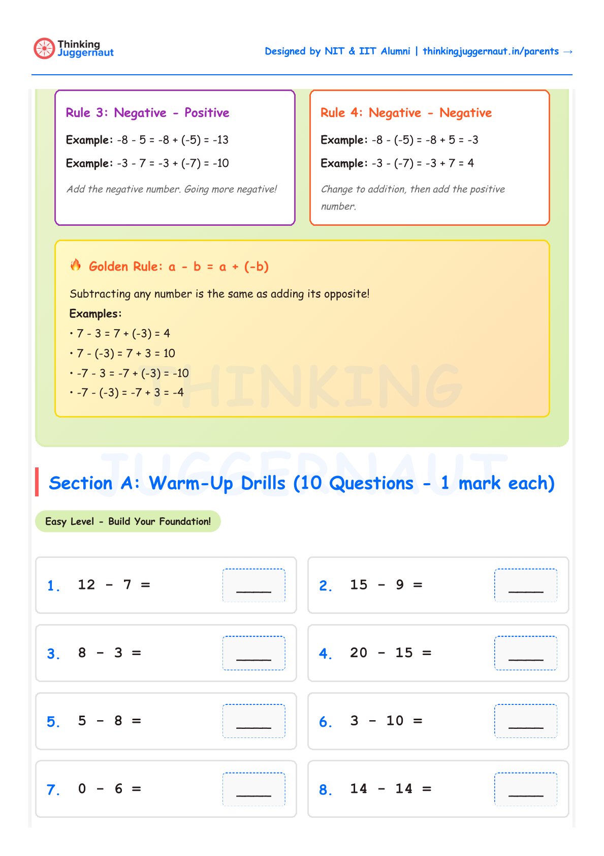 Math worksheet on subtracting integers with rules for negative-positive and negative-negative subtraction, examples, and 8 warm-up subtraction problems.