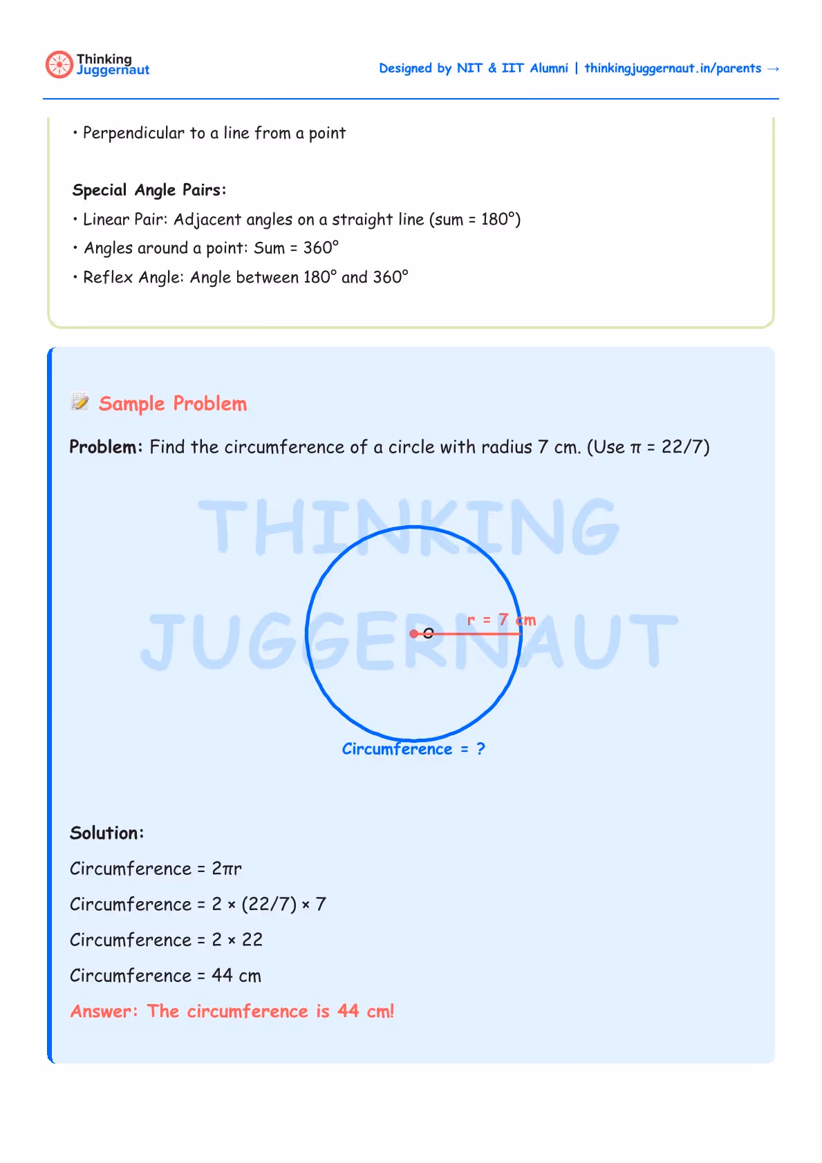 Geometry worksheet showing a sample problem to find the circumference of a circle with radius 7 cm, using π as 22/7, including a labeled circle diagram and step-by-step solution calculating circumference as 44 cm.