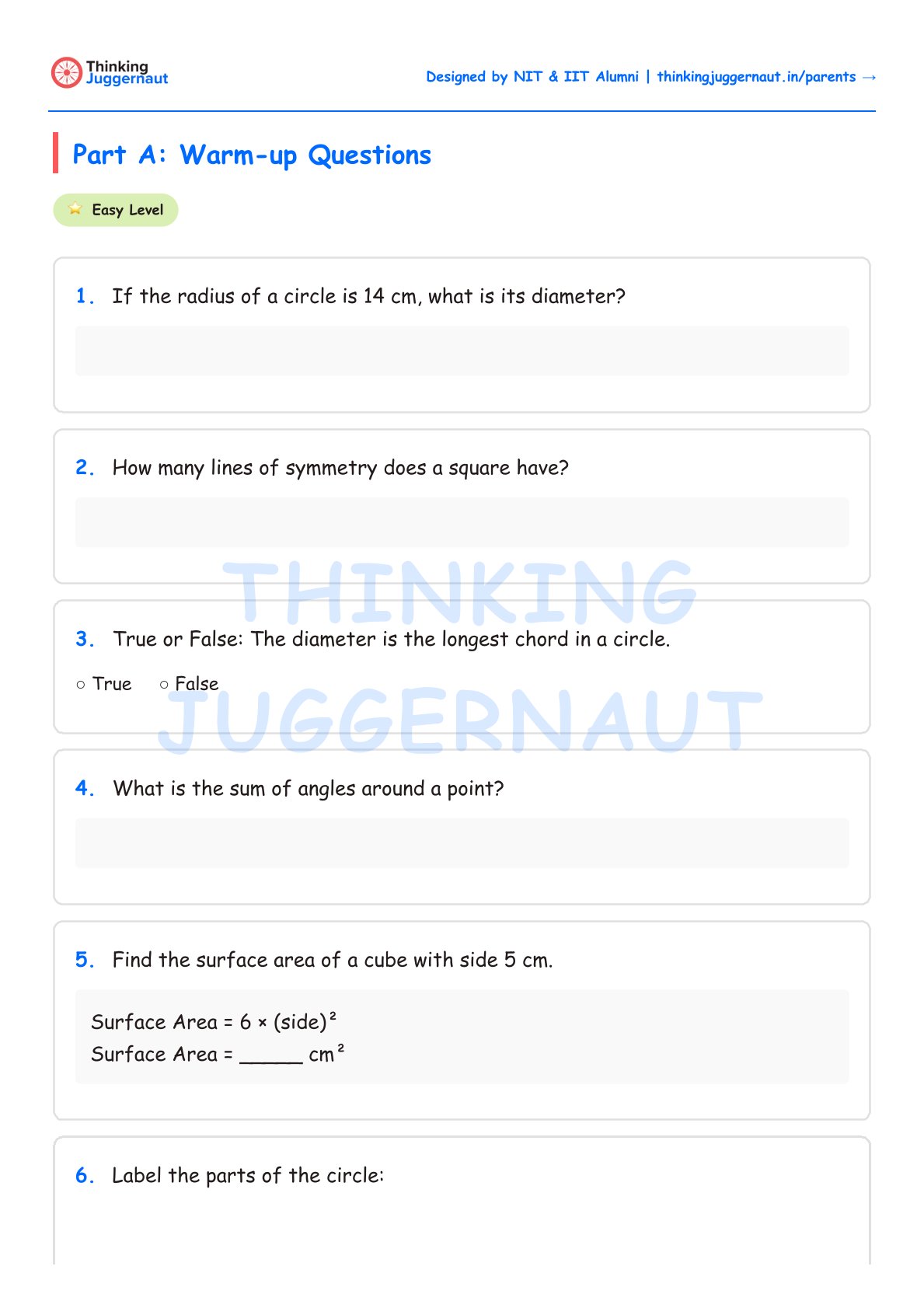Class 6 Geometry worksheet titled Part A: Warm-up Questions with six questions on circles, symmetry, angles, and surface area, designed by Thinking Juggernaut.