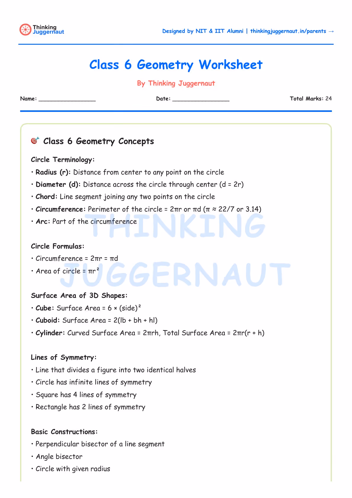 Class 6 Geometry Worksheet by Thinking Juggernaut explaining circle terminology, circle formulas, surface area of 3D shapes, lines of symmetry, and basic constructions.
