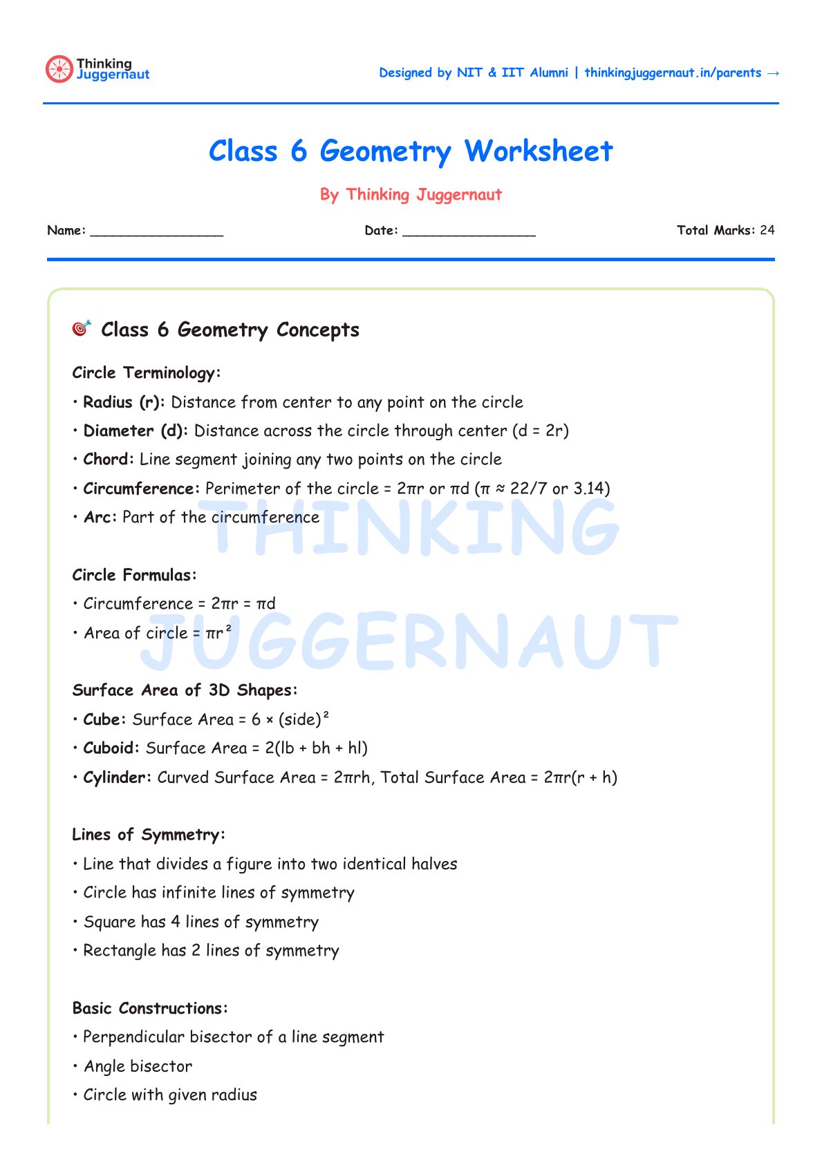 Class 6 Geometry Worksheet by Thinking Juggernaut explaining circle terminology, circle formulas, surface area of 3D shapes, lines of symmetry, and basic constructions.