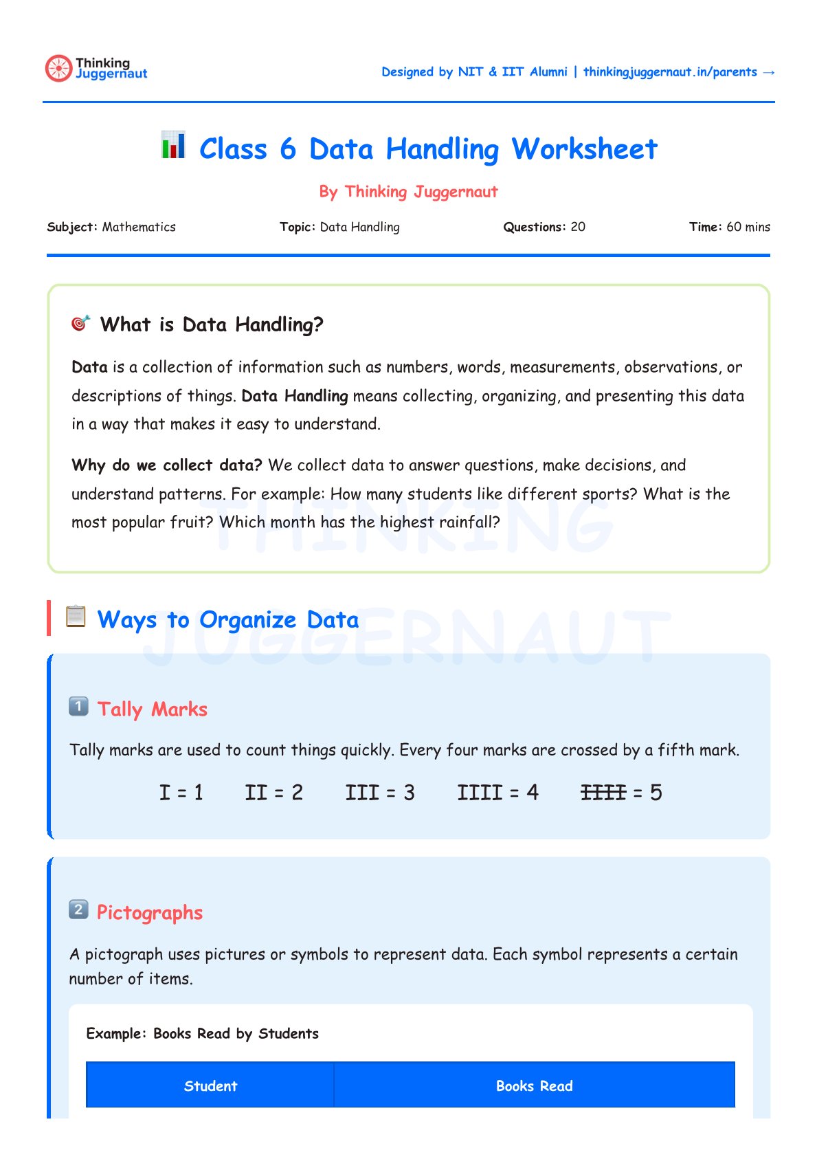 Class 6 Data Handling Worksheet explaining data handling definition and its purpose, with examples of tally marks and pictographs for organizing data.