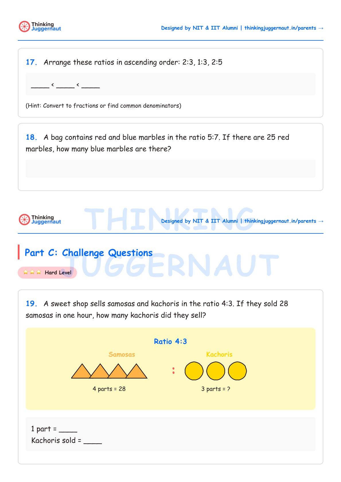 Worksheet with ratio problems including arranging ratios 2:3, 1:3, 2:5 in ascending order, calculating blue marbles from red and blue marbles ratio 5:7 with 25 red marbles, and a challenge question to find how many kachoris sold if samosas and kachoris ratio is 4:3 and 28 samosas sold. Illustration shows 4 orange samosas and 3 yellow kachoris representing the ratio.