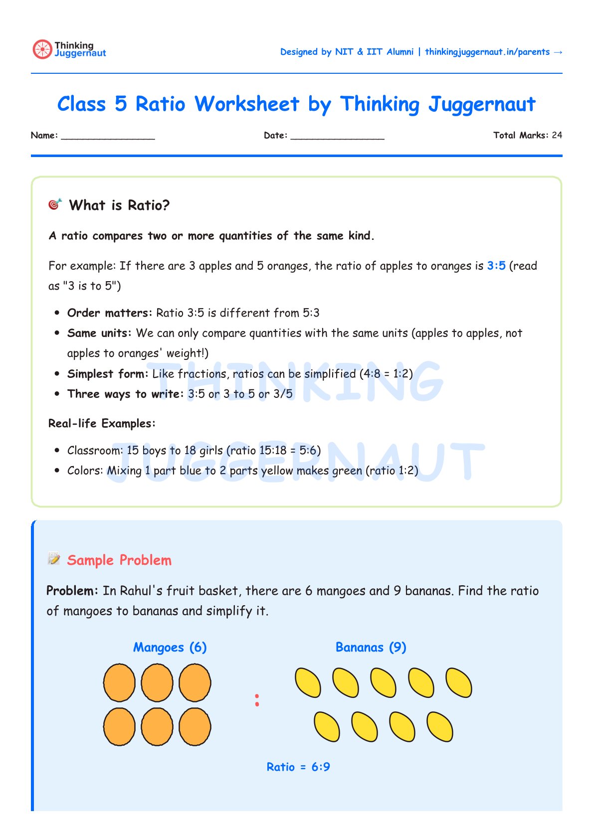 Class 5 Ratio Worksheet explaining the concept of ratio with real-life examples, including a sample problem comparing 6 mangoes to 9 bananas with the ratio 6:9.