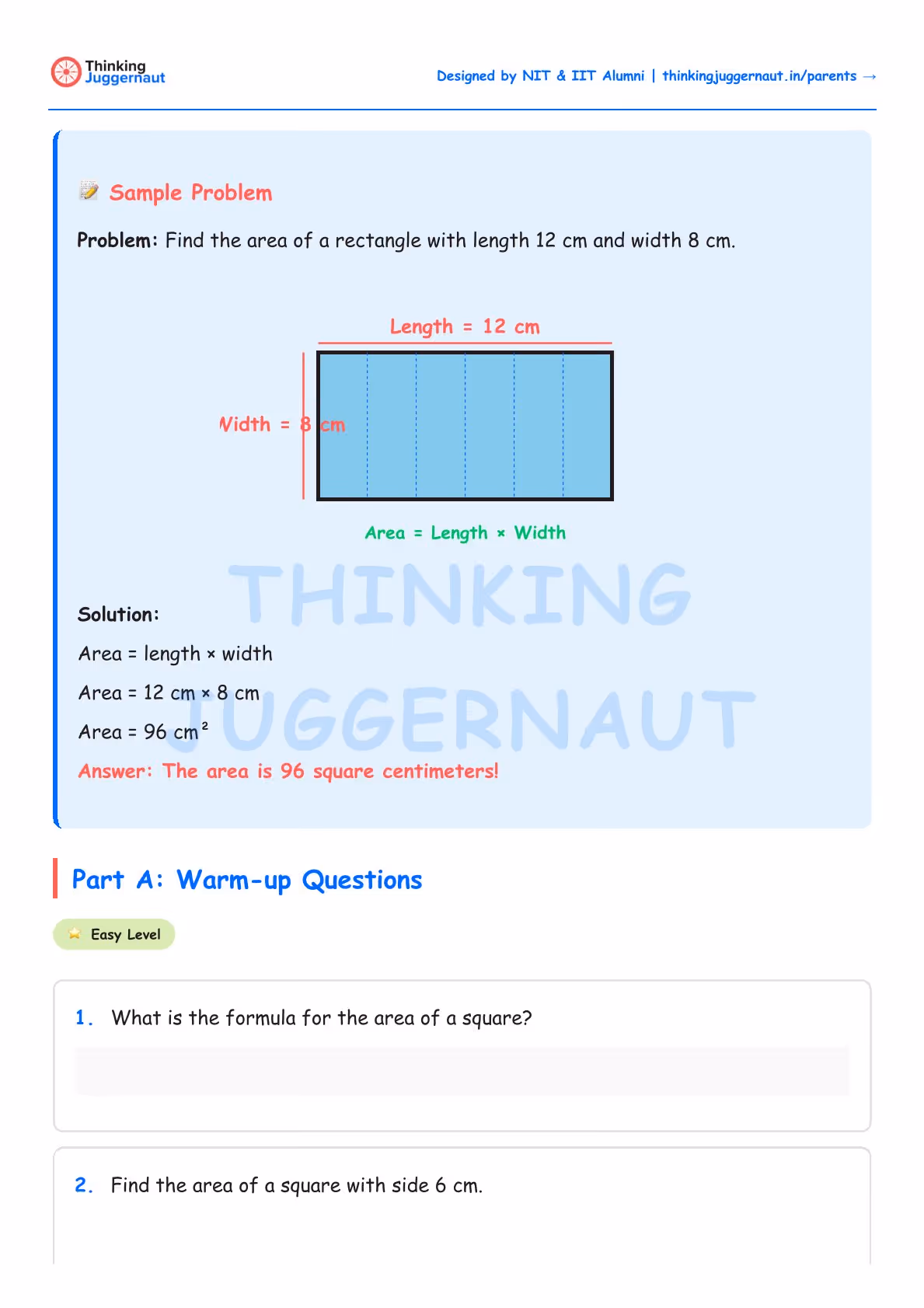 Geometry worksheet showing a sample problem to find the area of a rectangle with length 12 cm and width 8 cm, including a labeled rectangle and step-by-step solution.