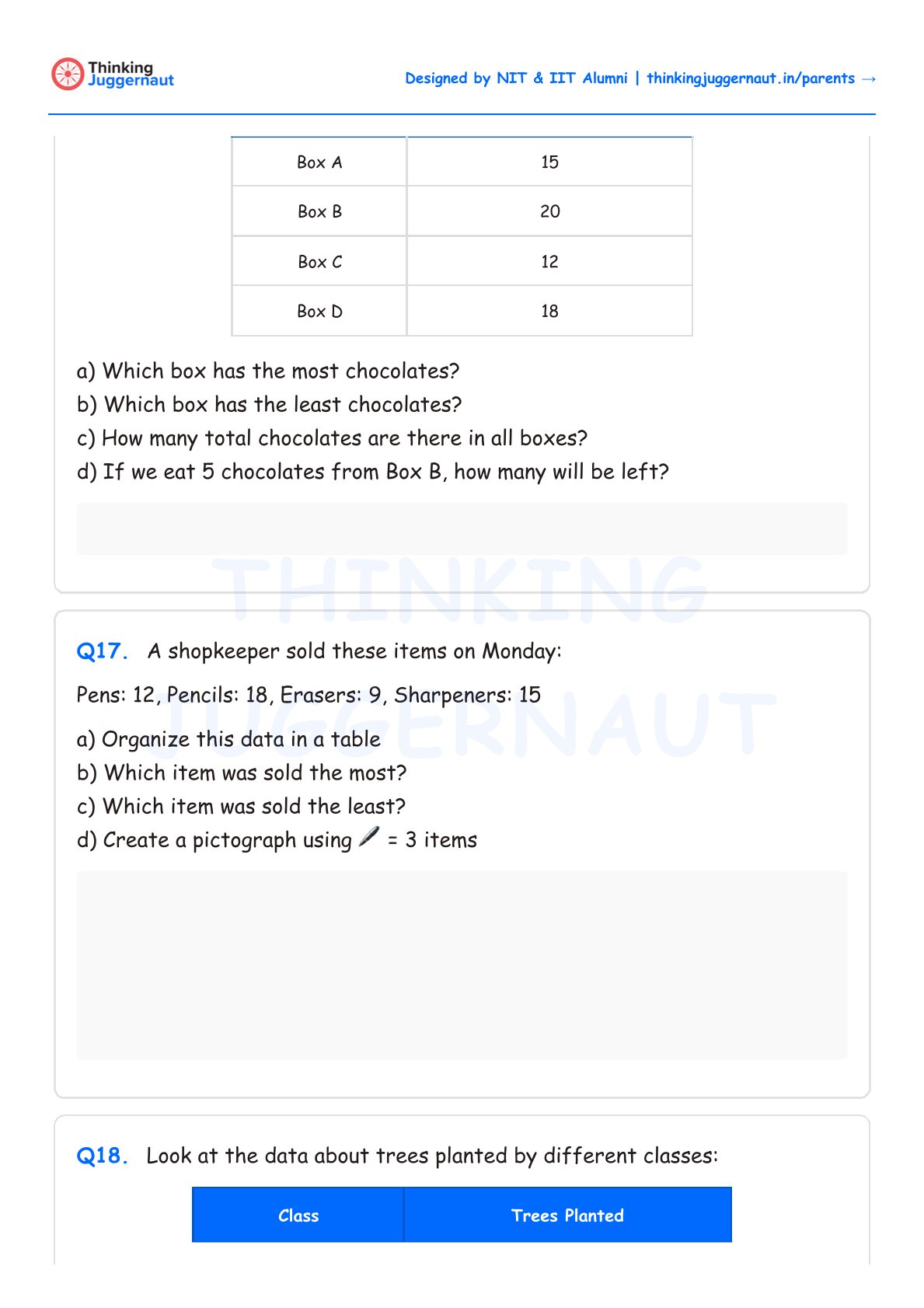 Worksheet with three data handling questions involving organizing, comparing quantities of chocolates, stationery items, and trees planted by different classes.