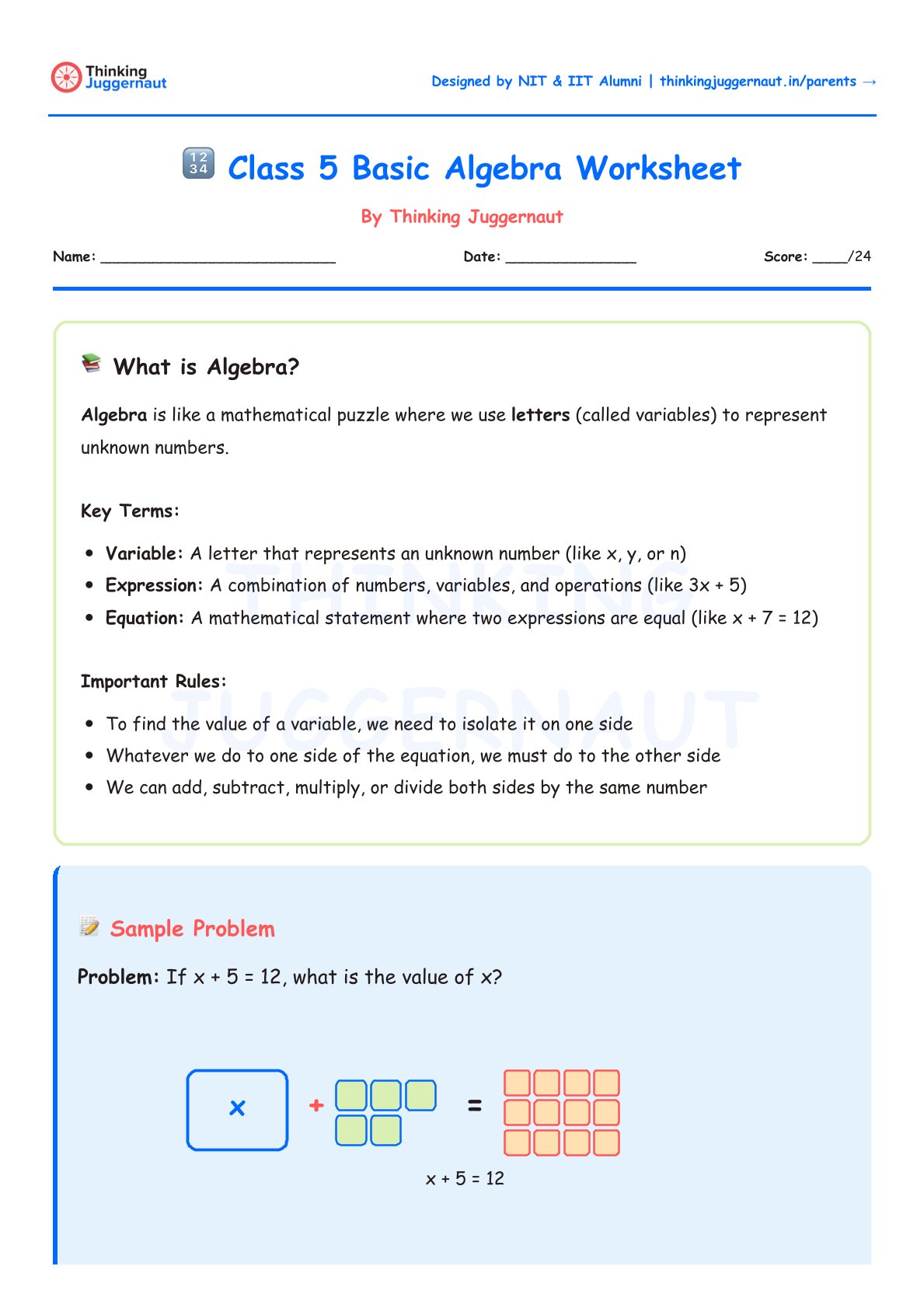 Class 5 Basic Algebra Worksheet explaining algebra as using letters for unknown numbers, with key terms and important rules, and a sample problem solving x + 5 = 12.