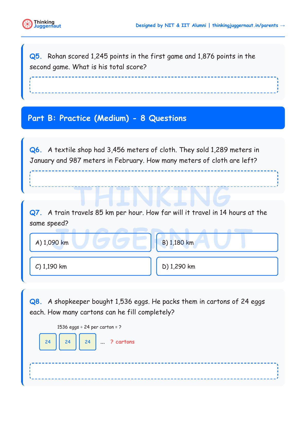 Class 4 word problems worksheet with questions about total scores, fabric meters left, train travel distance with multiple choice answers, and egg cartons filled by division.