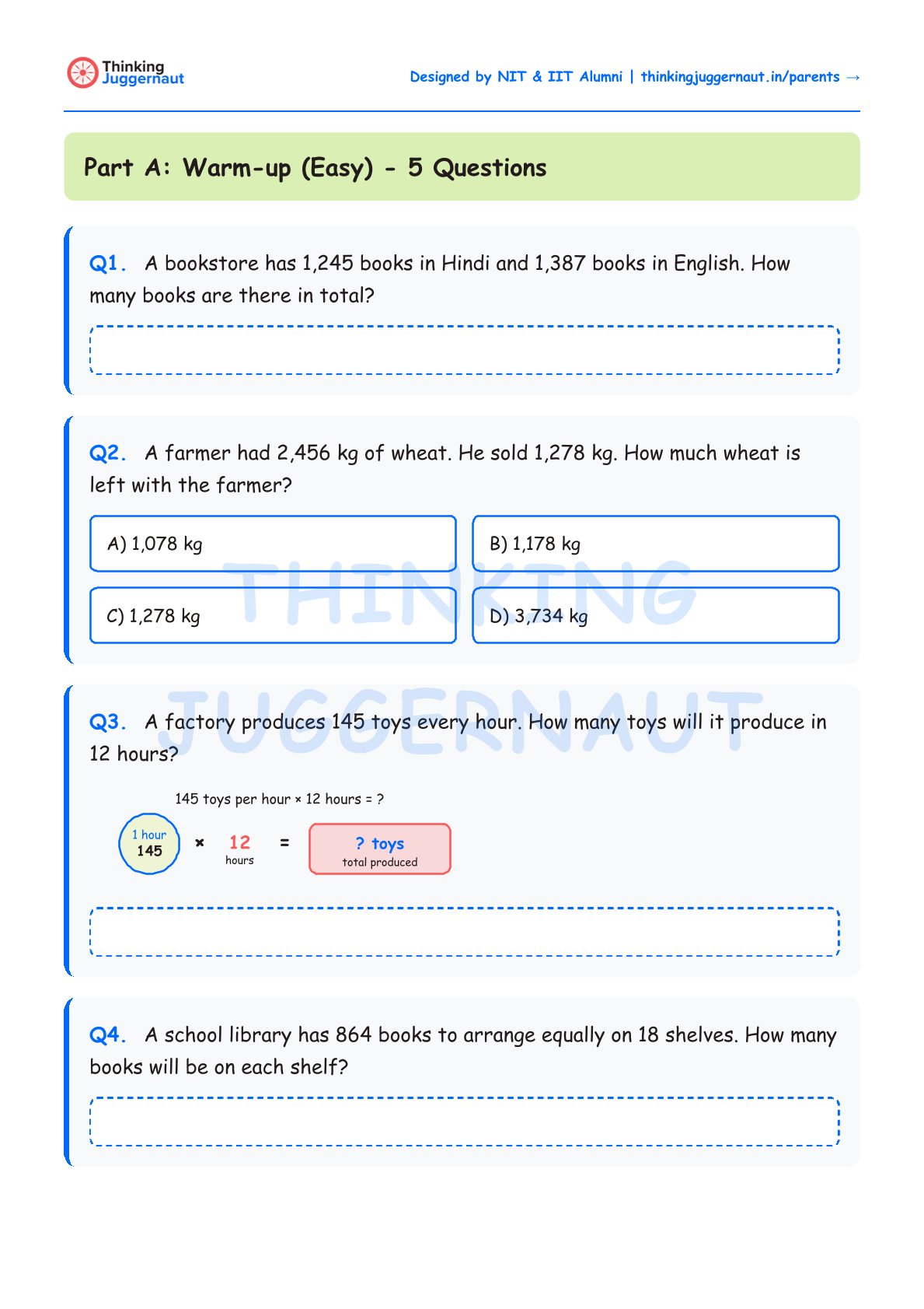 Class 4 math worksheet titled Part A: Warm-up (Easy) with 4 word problems on addition, subtraction, multiplication, and division involving books, wheat, toys, and shelves.