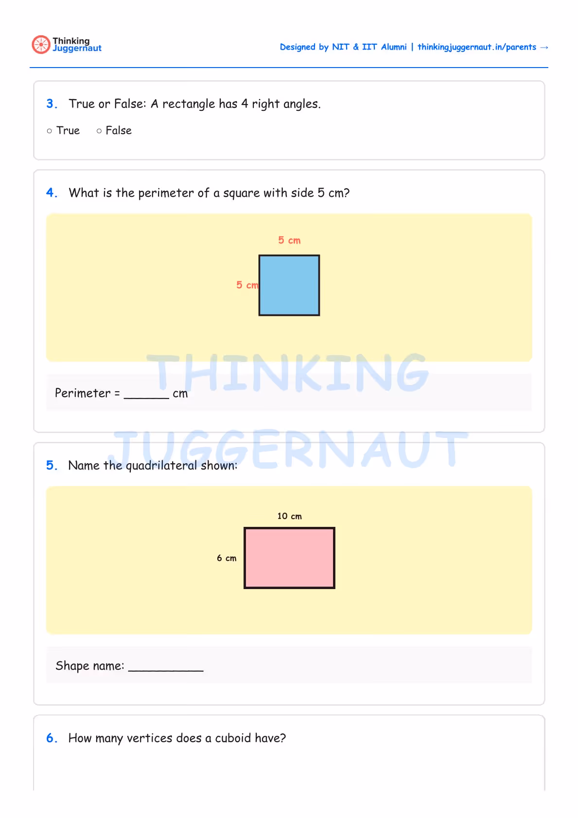 Class 4 geometry worksheet with questions on right angles in a rectangle, perimeter of a square with side 5 cm, and naming a quadrilateral with sides 10 cm and 6 cm.
