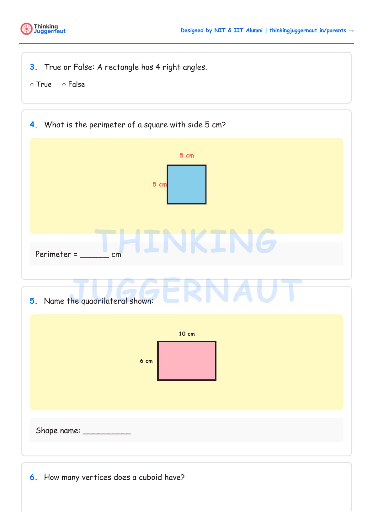 Class 4 geometry worksheet with questions on right angles in a rectangle, perimeter of a square with side 5 cm, and naming a quadrilateral with sides 10 cm and 6 cm.