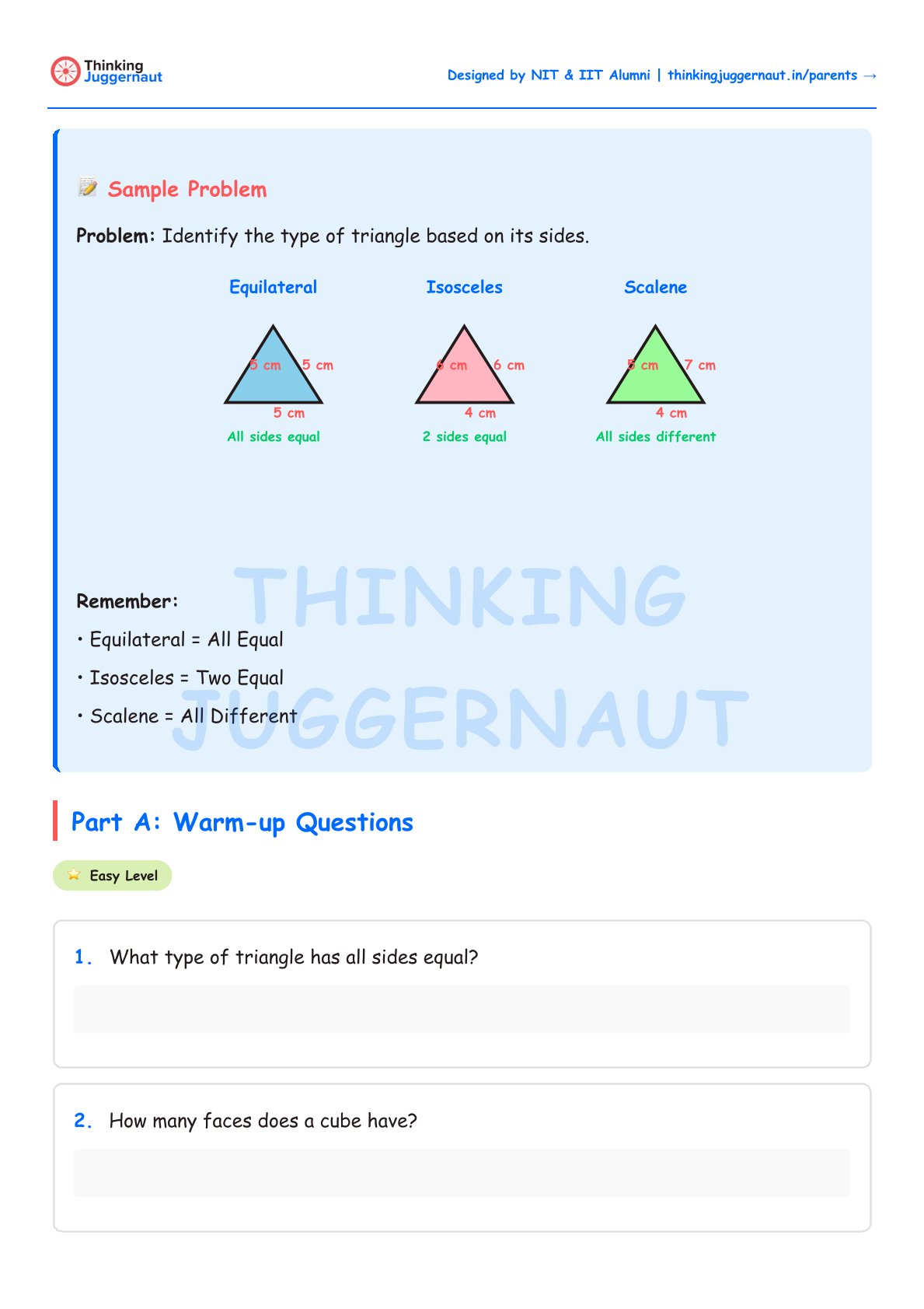 Worksheet showing types of triangles based on side lengths: Equilateral with all sides 5 cm, Isosceles with two sides 6 cm and one side 4 cm, Scalene with sides 5 cm, 7 cm, and 4 cm, plus two warm-up questions about triangles and cubes.