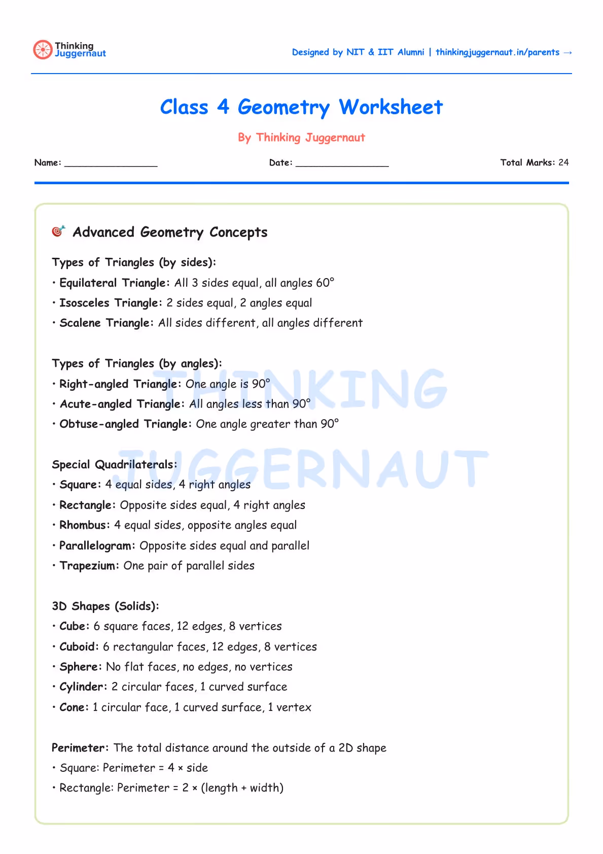 Class 4 Geometry Worksheet listing advanced geometry concepts including types of triangles by sides and angles, special quadrilaterals, 3D shapes with faces, edges, and vertices, and perimeter formulas for square and rectangle.